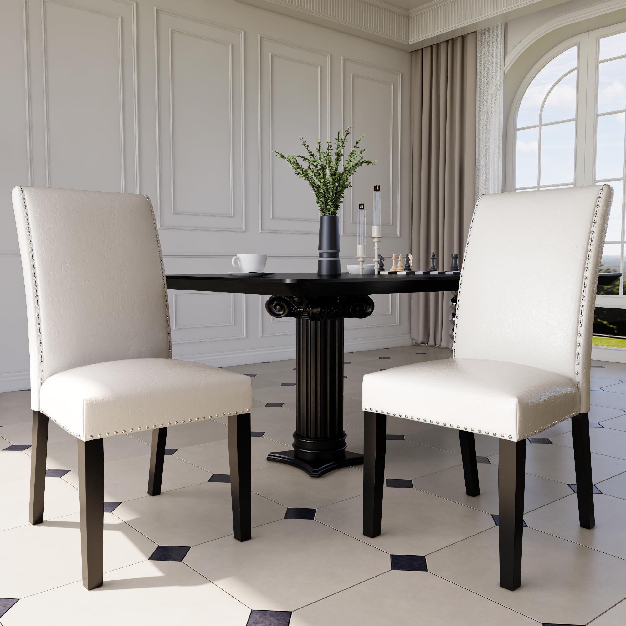 LEEMTORIG Set of 2 Faux Leather Upholstered Parsons Dining Chairs with Nail-Head Trim - Ivory White CY-1122-WT - Modern Kitchen, Dining Room, Living Room, Bedroom & Outdoor Lounge Seating for Home & Cafe