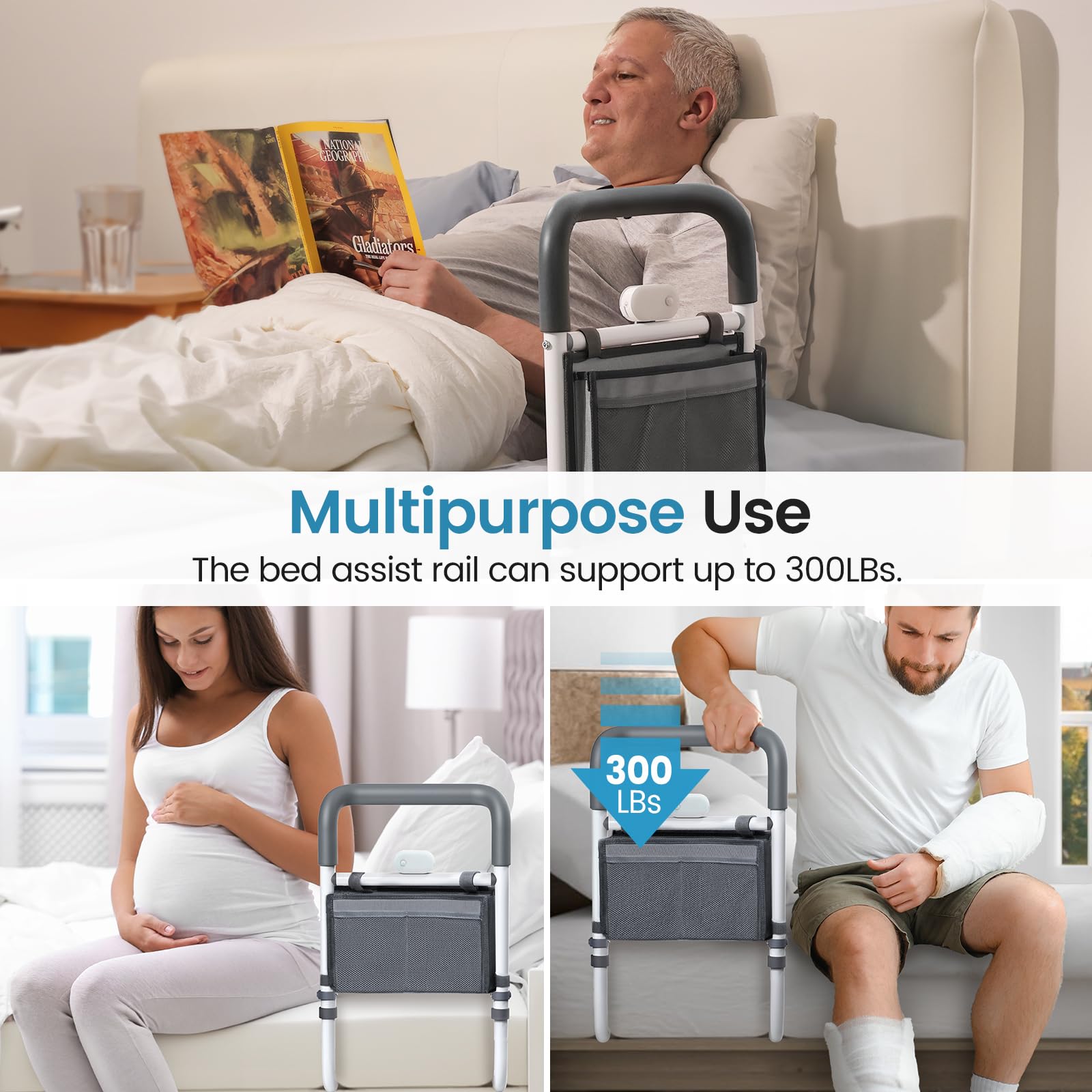 Adjustable Bed Rails for Elderly Adults - Safety Bed Assist Rail with Night Light & Storage Bag, Anti-Fall Bed Railings for Seniors - Ideal for Home Care, Hospitals, and Assisted Living Facilities