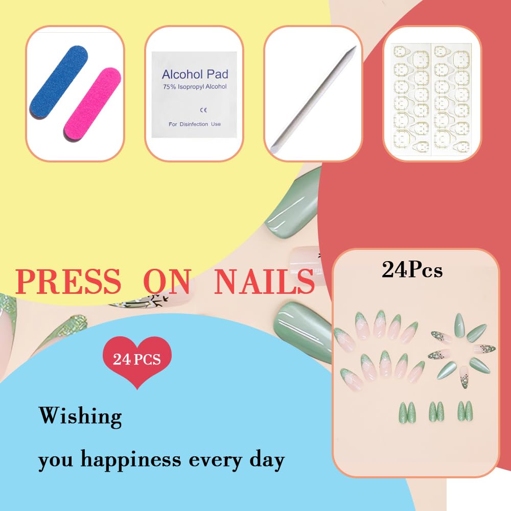 Green Press On Nails - Medium Almond Shape False Nails with Butterfly & Flower Designs, French Tip Glossy Pink White Ombre, Reusable Fake Nails for Women & Girls | Perfect for Parties, Weddings, Date Nights & Special Occasions