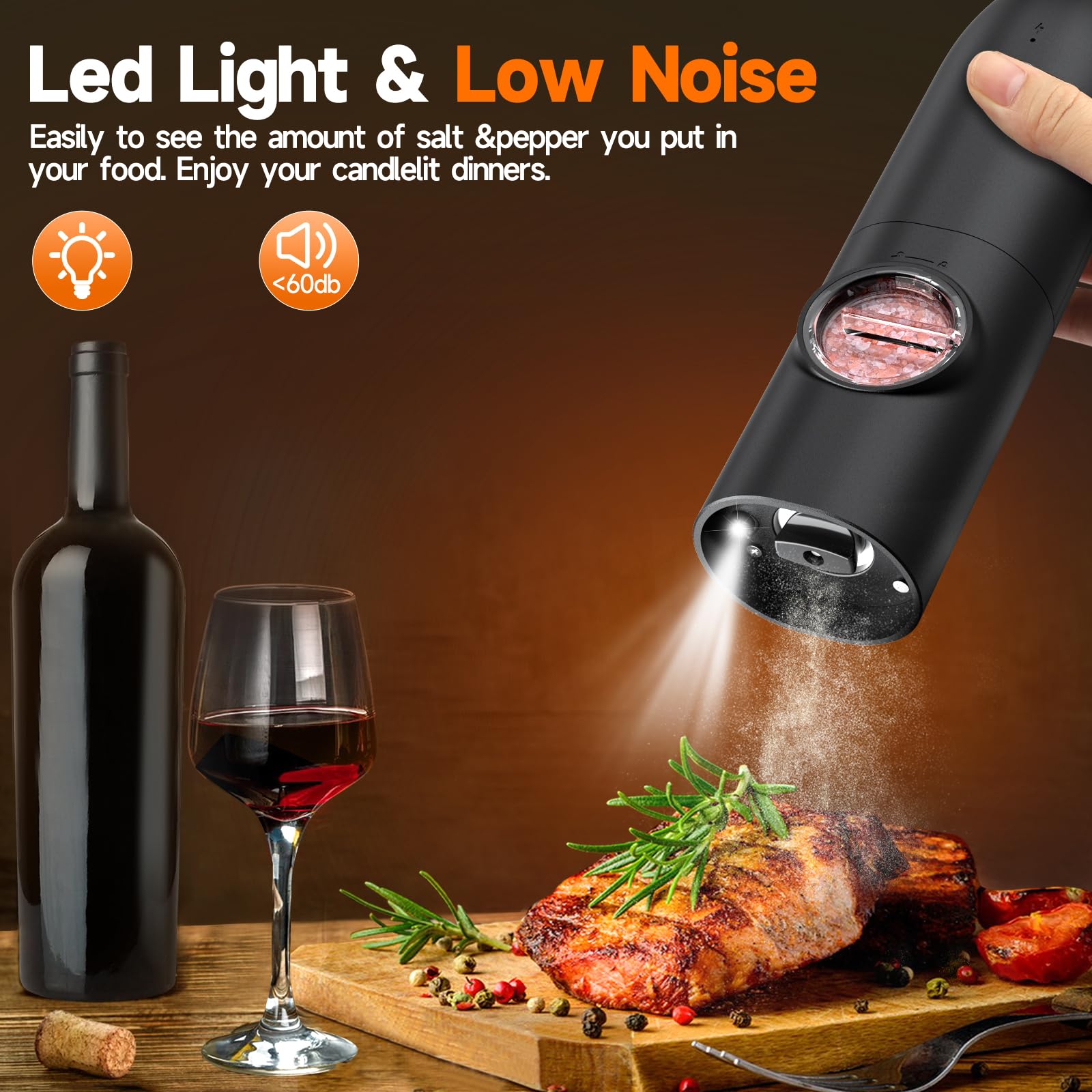 Electric Salt and Pepper Grinder Set (2 Pack) - USB Rechargeable, One-Hand Operation, Adjustable Coarseness with LED Light - Perfect for Kitchen, Dining & Gifts - Automatic Spice Mill for Cooking, BBQ & Home Use