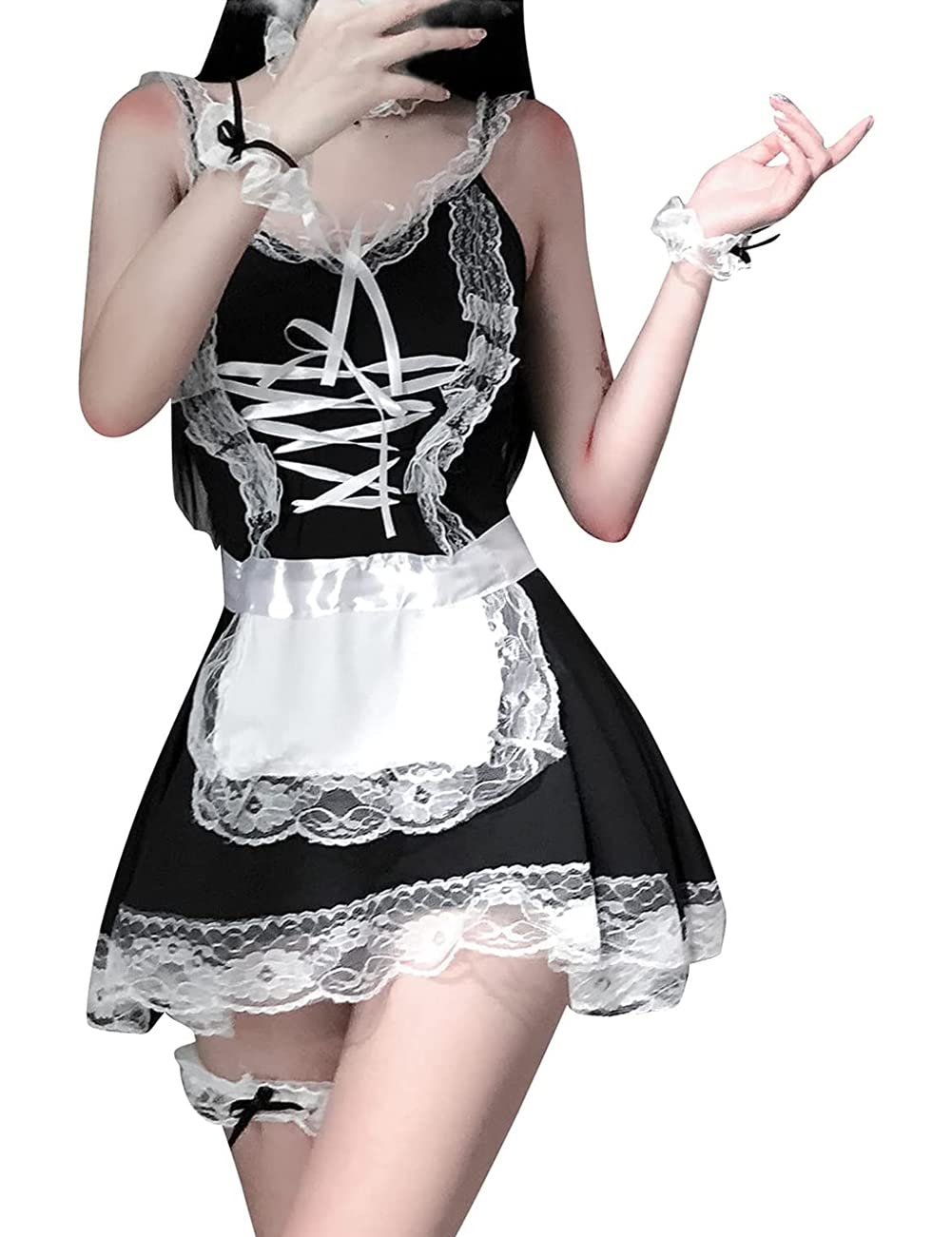 Sexy French Maid Costume for Women - Bunny Anime Cosplay Lace Lingerie Apron Uniform Outfit Set | Halloween Party, Role Play, Bachelorette, Cosplay Costume