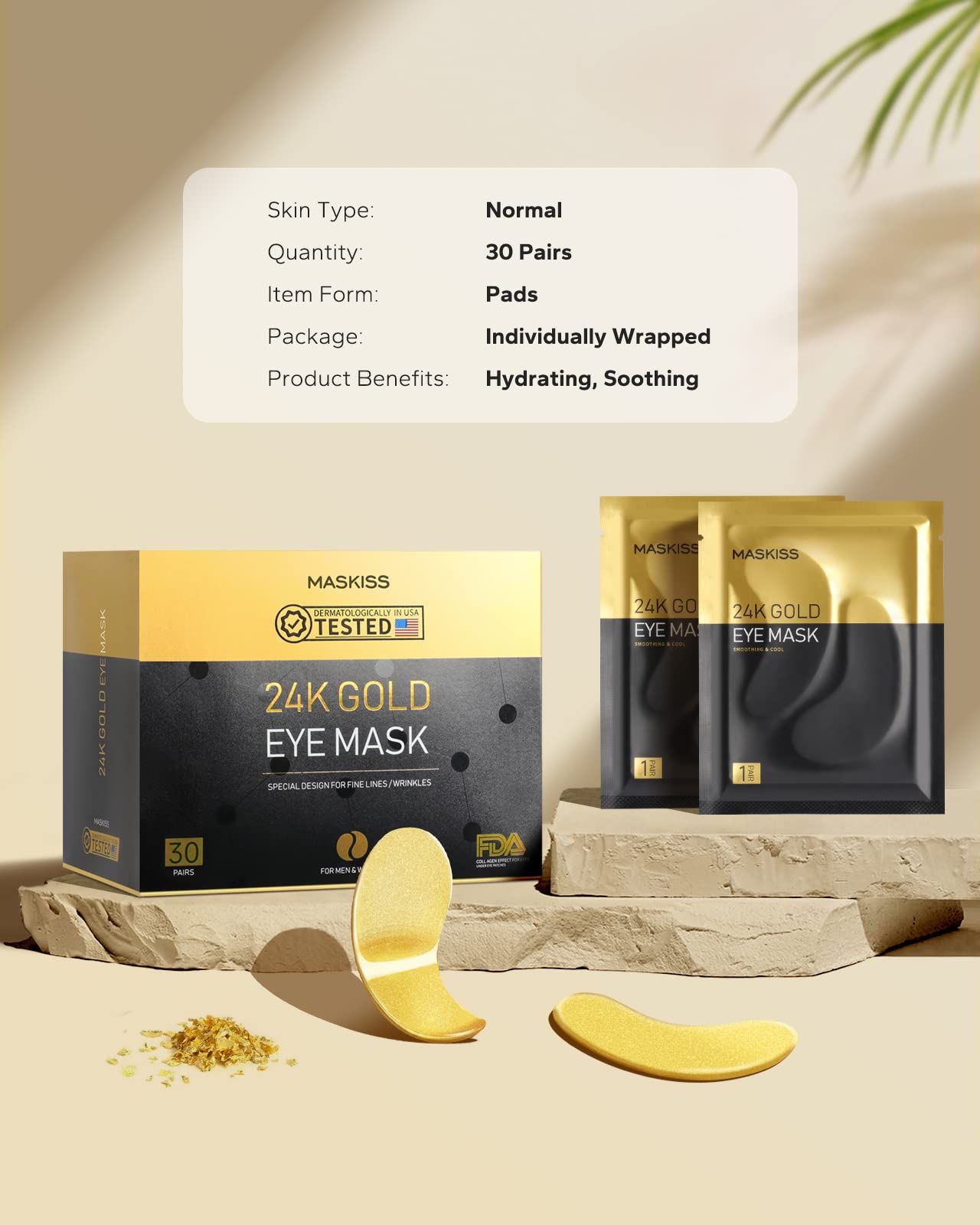 24K Gold Under Eye Patches (30 Pairs) - Anti-Aging Collagen Eye Masks for Dark Circles & Puffiness - Hydrating Skincare Treatment for Wrinkles & Fine Lines - Perfect for Night Routine & Travel Care