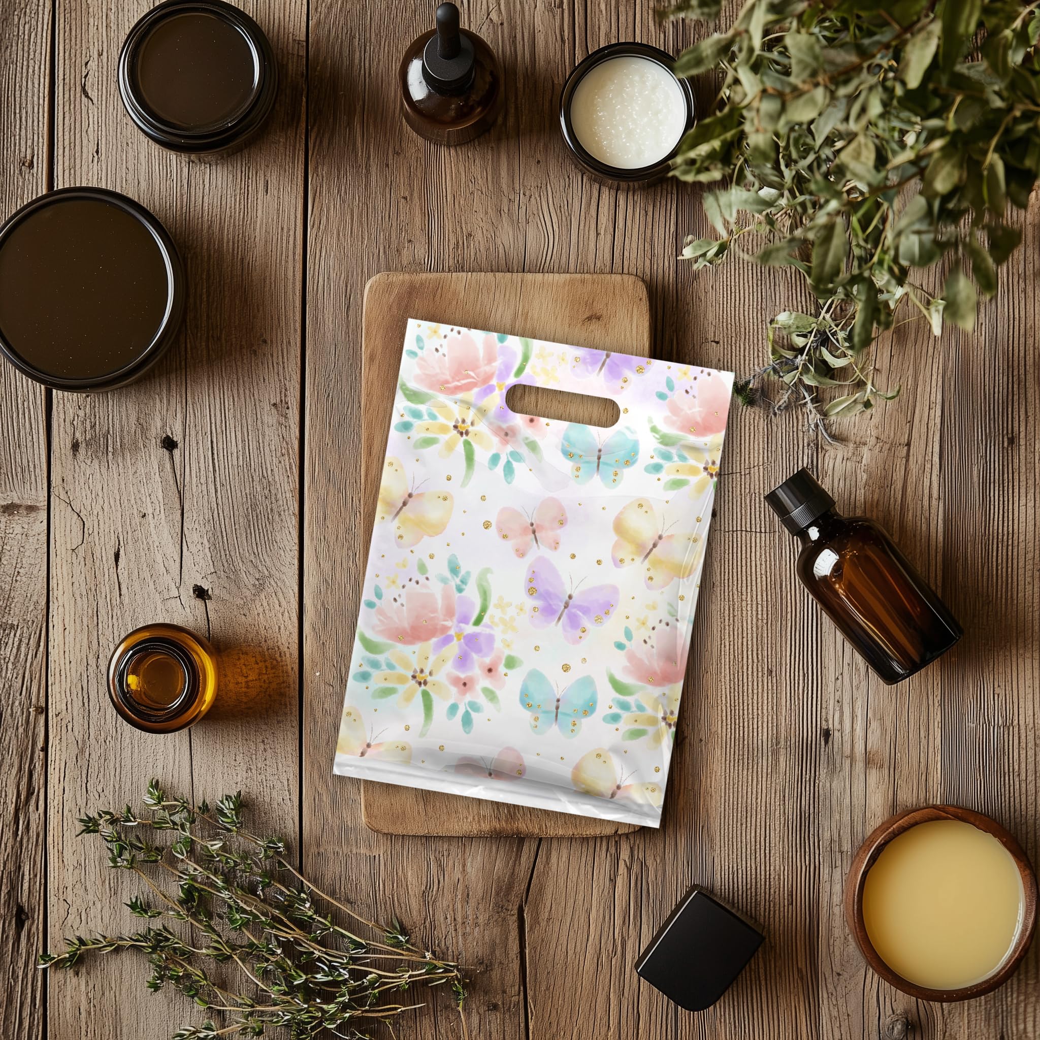 9x12 Inch 100-Pack Floral Butterfly Printed Boutique Shopping Bags with Die-Cut Handles - Premium Retail Merchandise Bags for Small Business Owners | Perfect for Gift Wrapping, Wedding Favors & Boutique Packaging