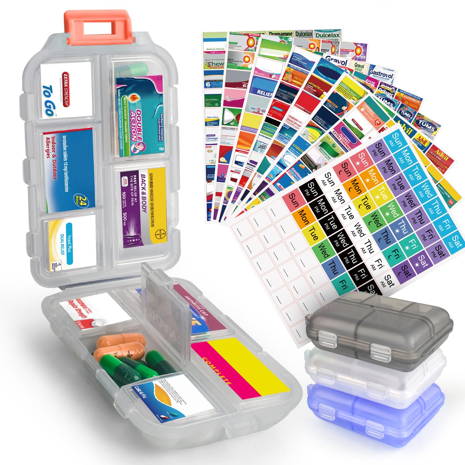 3-Piece DIY Travel Pill Organizer Set with 420 Labels – Portable 7-Day Pill Case for Vitamins, Fish Oil & Medications – Compact Pharmacy Box for Travel, Home & Daily Use