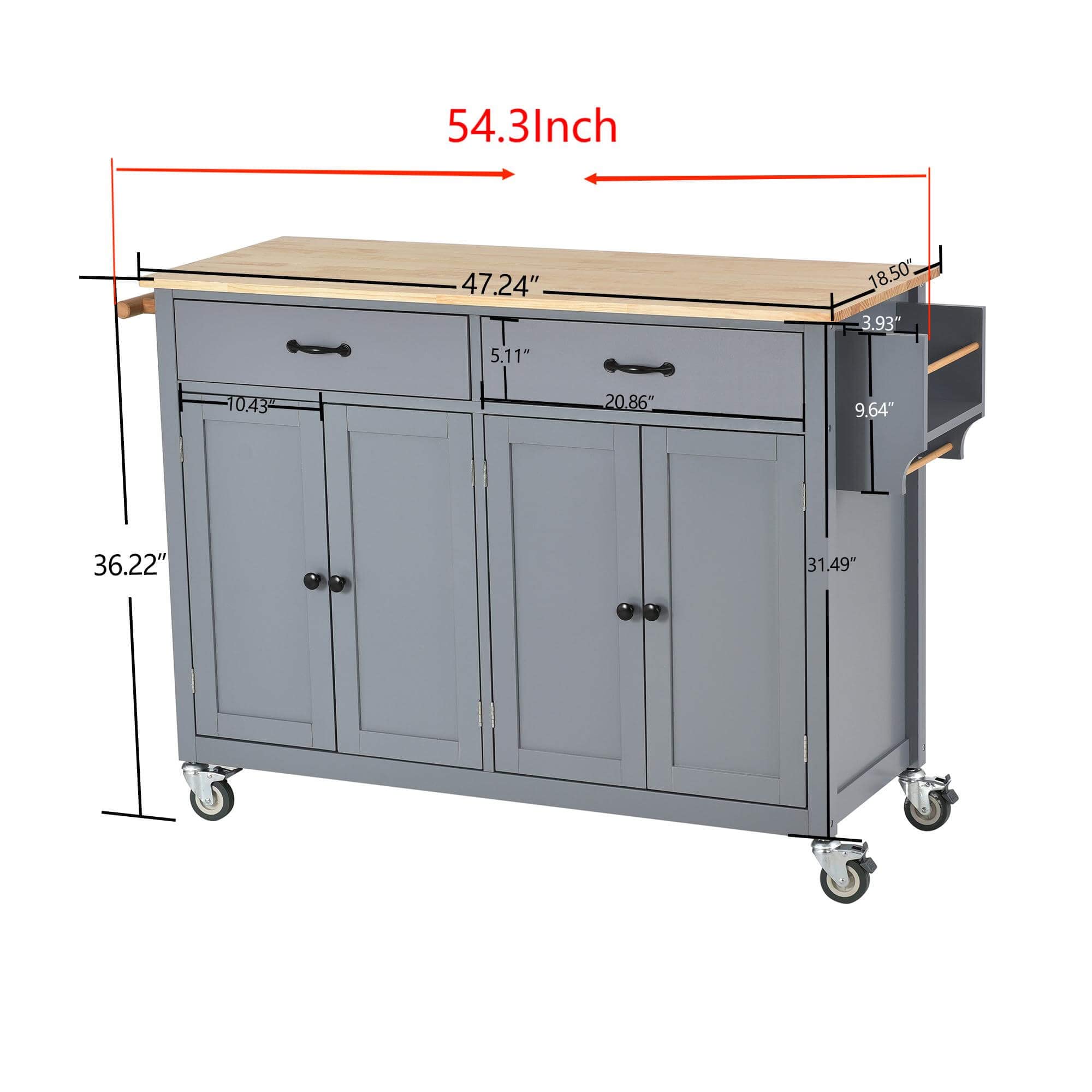 Solid Wood Kitchen Cart with 4-Door Cabinet & 2 Drawers - 54