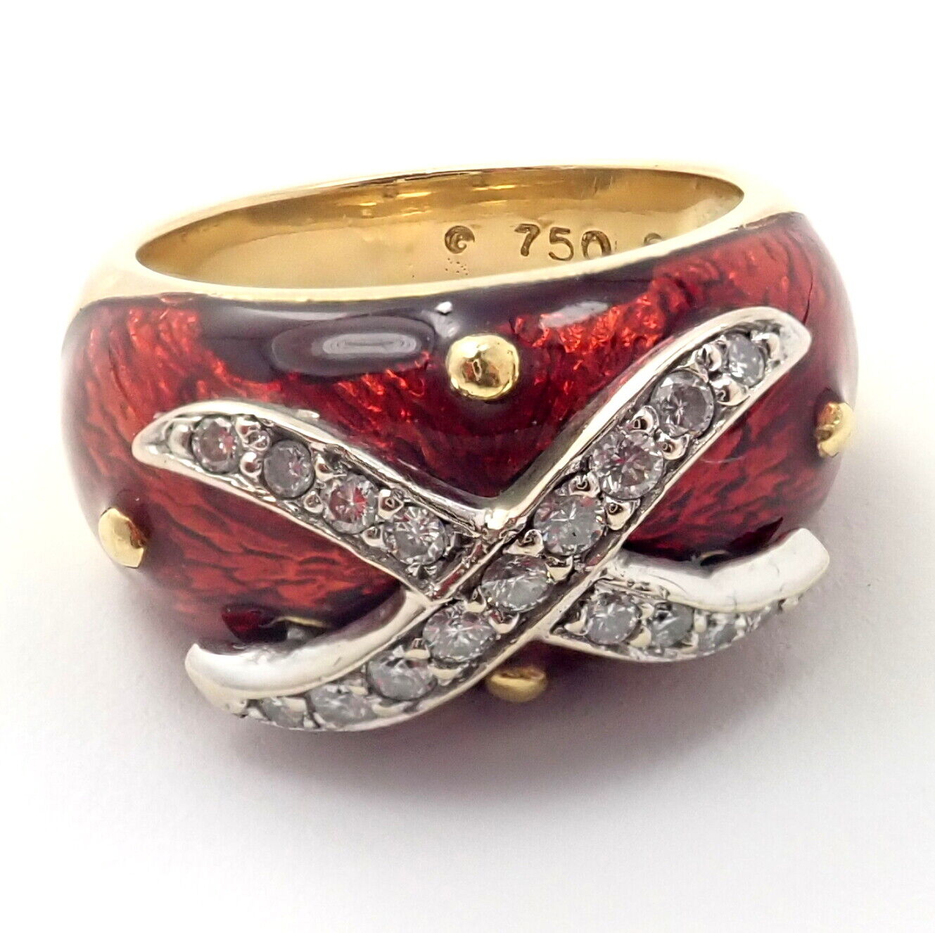 Authentic 18K Yellow Gold Red Enamel & Diamond Ring Size 5 - Elegant Hidalgo Jewelry for Weddings, Anniversaries & Special Occasions
