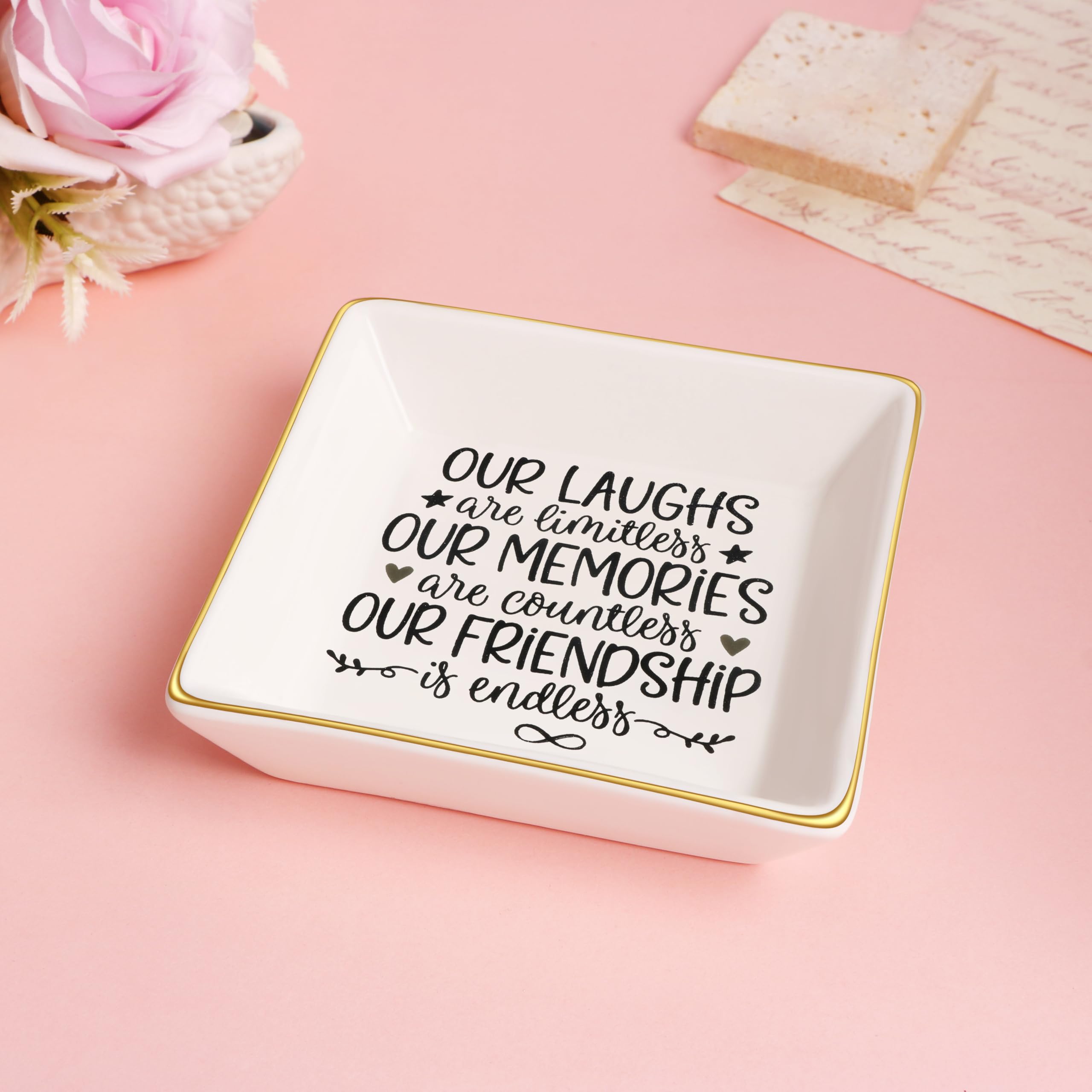 JoycuFF Ceramic Trinket Dish Tray - Unique Friendship Gifts for Women, Birthday, Thanksgiving & Christmas Presents - Jewelry Holder for Dresser, Vanity & Home Decor