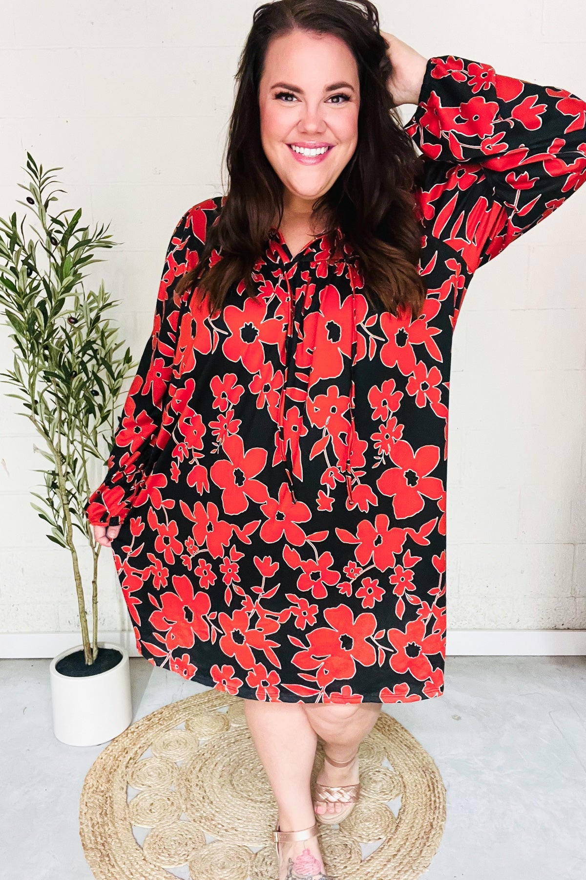 Boldly You Rust & Black Floral Print Front Tie Dress - Elegant Women's Midi Dress for Parties, Dates & Special Occasions