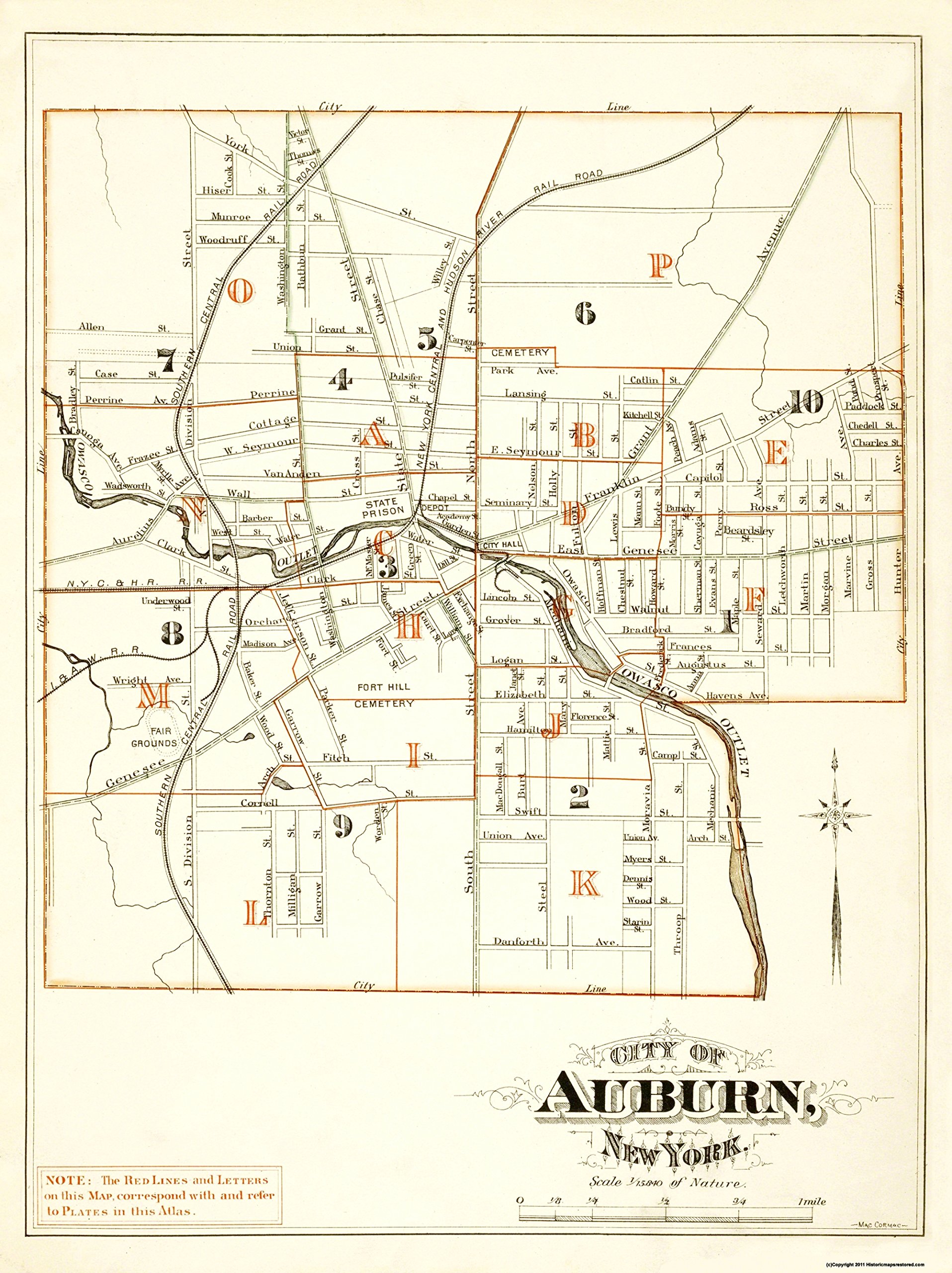 Vintage 1875 Auburn New York Map by Mac Cormac - 23 x 30.75 Inch Matte Art Paper Reproduction - Perfect for Home Decor, History Buffs & Genealogy Research