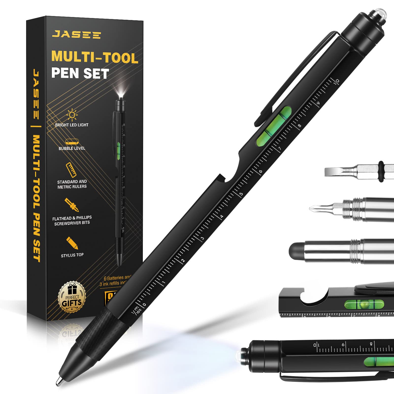 Multitool Pen with LED Light, Stylus & Screwdriver - 12-in-1 Ballpoint Pen with Bottle Opener, Ruler & Level | Perfect Christmas Gift for Men, Construction Workers & DIY Enthusiasts | Great for Home Repairs, Office Use & Outdoor Activities