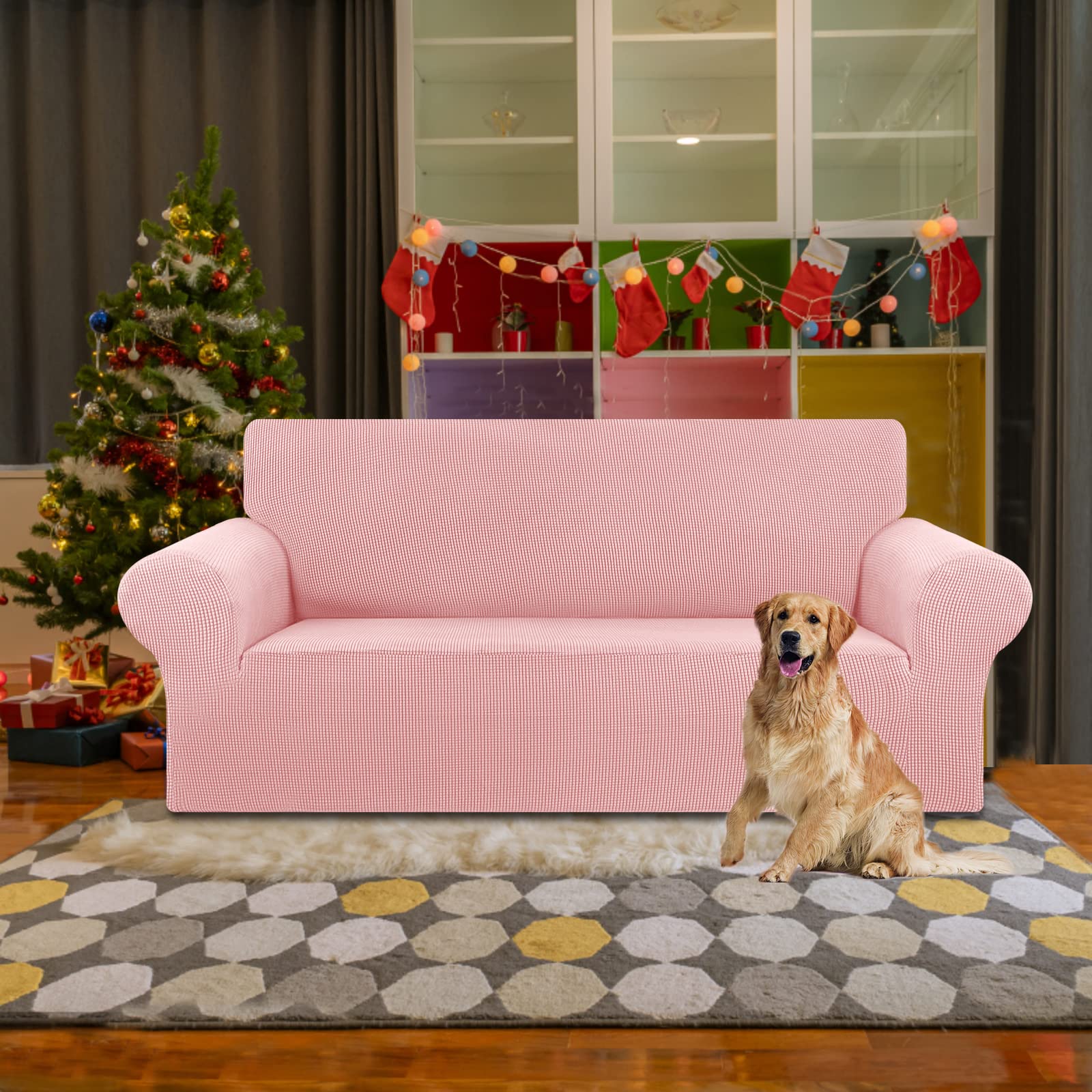 KEKUOU Stretch Loveseat Sofa Cover Slipcover - Jacquard Small Checked Furniture Protector for 2 Cushion Couches (55