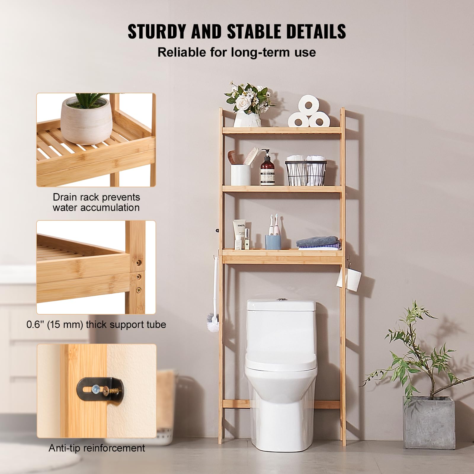 VEVOR 3-Tier Adjustable Over The Toilet Storage Shelf - Bamboo Bathroom Organizer with Hooks, Freestanding Space Saver for Towels, Toiletries & Laundry - Easy Assembly Fits Most Toilets - Perfect for Small Bathrooms & Apartments