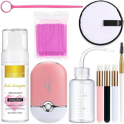 Professional Lash Cleaning Kit for Extensions - Unscented Eyelash Cleanser, USB Fan, Makeup Remover Pads, Wash Bottle, Micro Swabs & Brushes (60ml) - Perfect for Salon & Home Use - Gentle Care for Sensitive Eyes & Long-Lasting Lash Extensions
