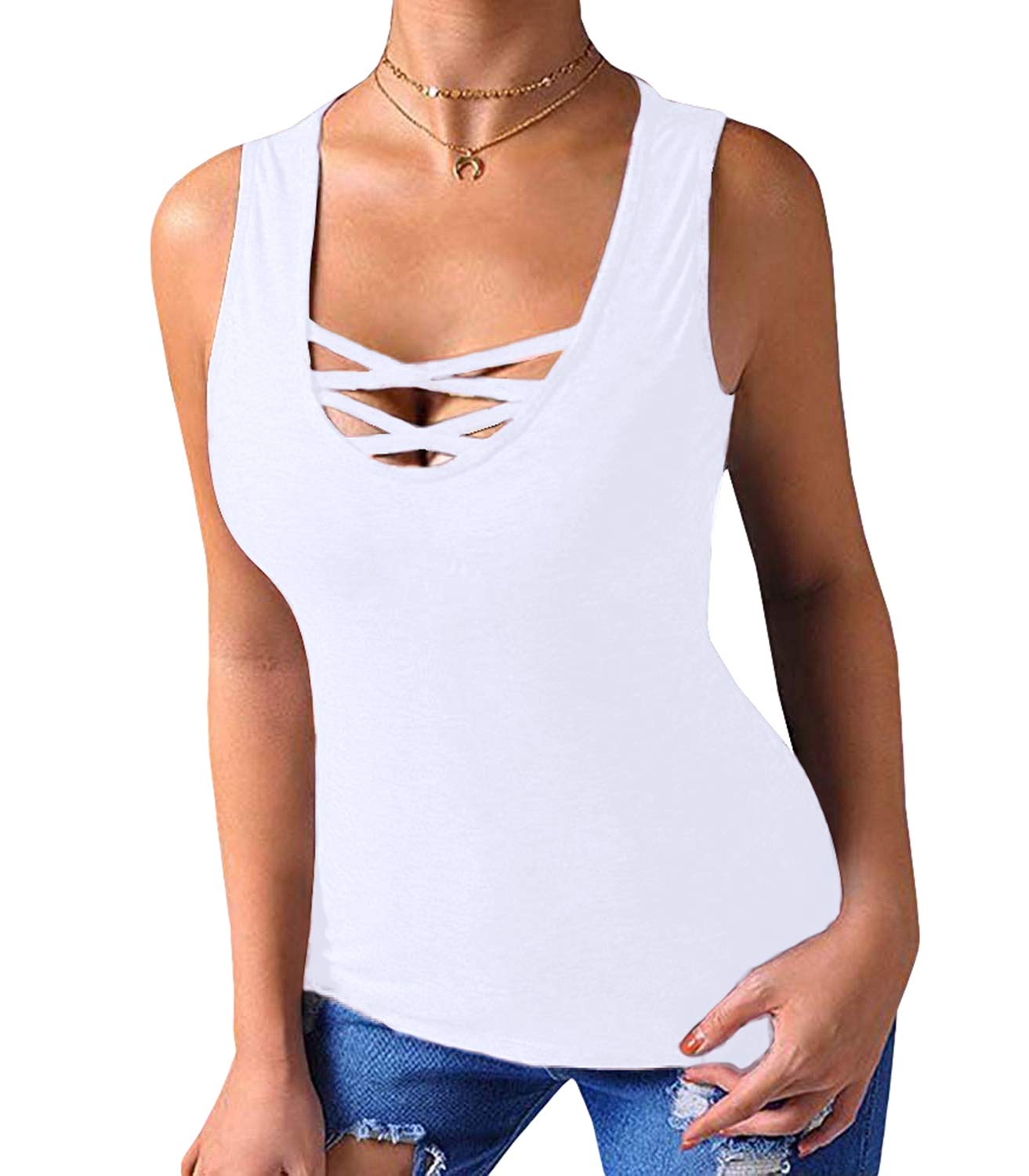 Sarin Mathews Women's Criss Cross Sleeveless Tank Tops - Summer Casual Basic Tee Shirts & Blouses for Workout, Beach, and Everyday Wear