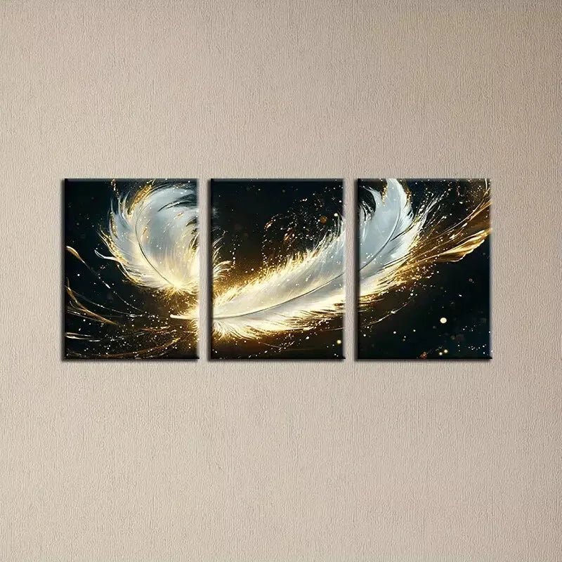 3-Piece Abstract Golden Feathers Wall Art Set - Dark Background Framed Canvas 50x70cm | High Quality Print | 100% Australian Made | Ready to Hang | Perfect for Living Room, Bedroom & Office Decor