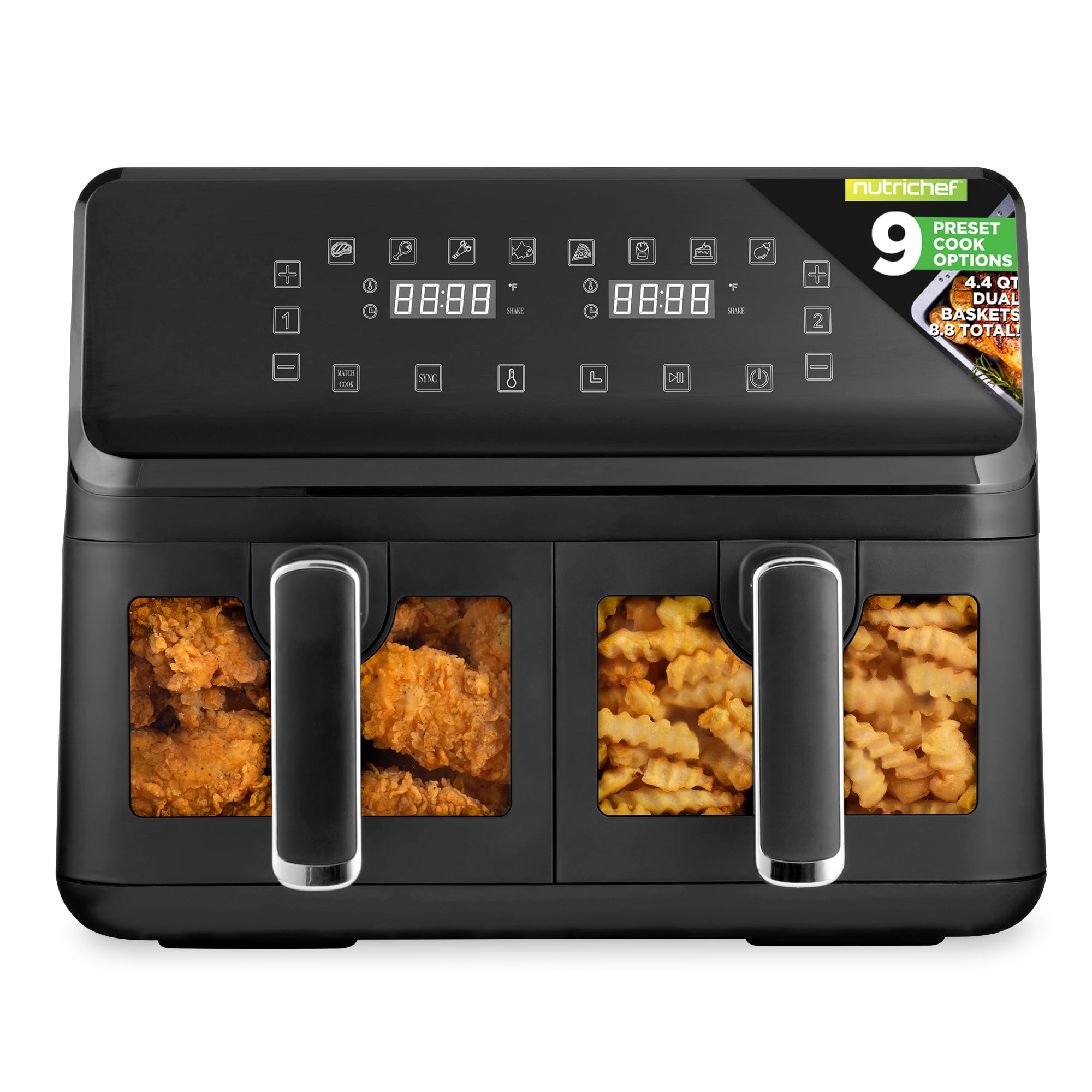 Nutrichef 8.8 QT Double Basket Air Fryer - Large Family Size Oil Free Air Fryer with View Window, 9 Preset Cooking Functions & 360° Hot Air Circulation - Perfect for Healthy Frying, Baking, Roasting (4.4 QT per Basket, Black) - Ideal for Family Meals, Party Snacks & Quick Weeknight Dinners