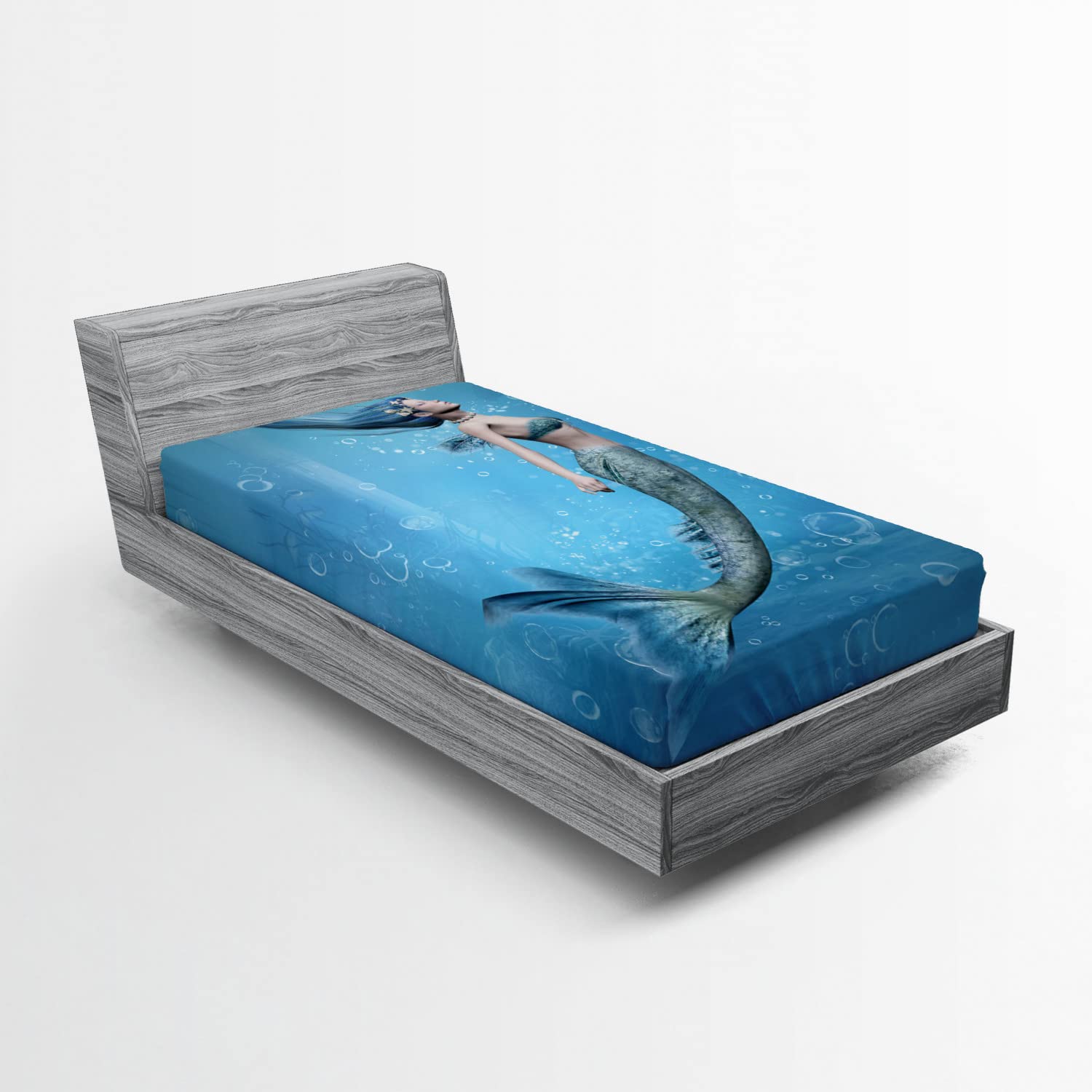 Ambesonne Underwater Fitted Sheet - Mermaid Fishtail Ocean Life Art Print, Deep Pocket Elastic Twin XL Bed Sheet for Comfort | Mythical Creature Themed Bedding for Kids Room, Guest Bed or Beach House Decor (Blue)