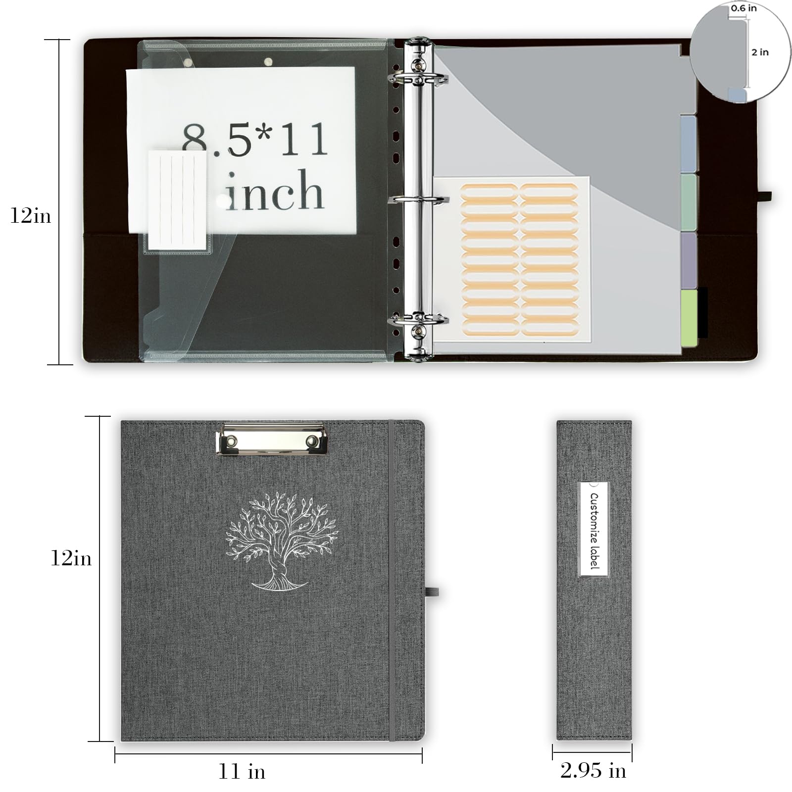 Premium 2 Inch 3-Ring Binder with Clipboard - Linen Leather Organizer for Letter Size Paper, Includes 5 Tab Dividers, Transparent Folder, File Labels, Pen Loop & Elastic Strap (Dark Grey) - Perfect for Office, School, Business Meetings & Document Organization