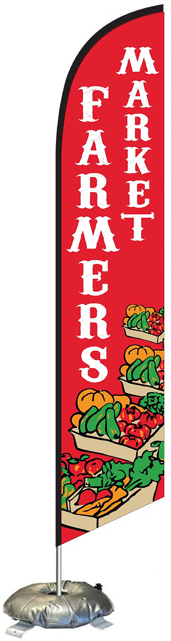 Farmers Market Feather Flag Kit with Cross-Base & Weight Donut - Outdoor Advertising Swooper Banner for Events, Grand Openings & Sales - Red