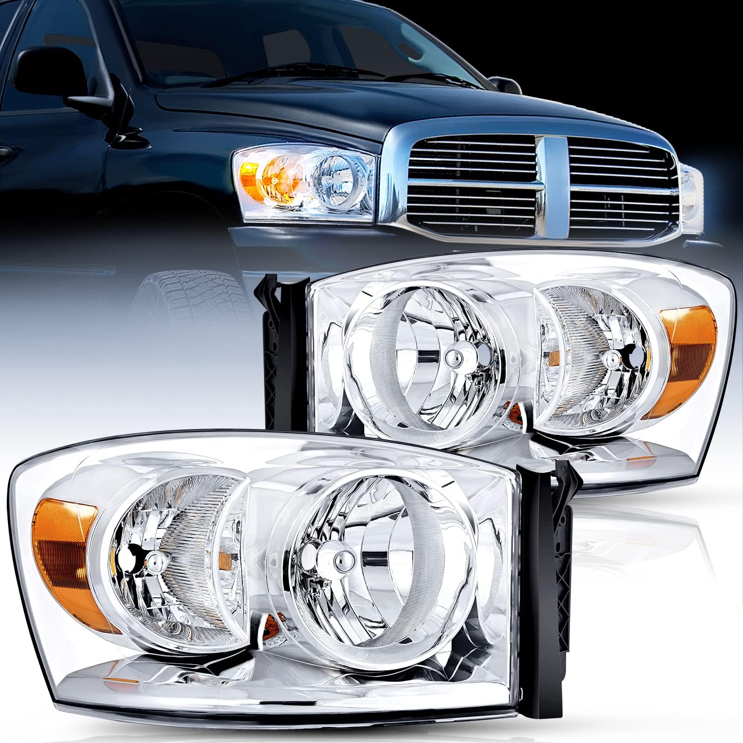 2007-2009 Dodge Ram 1500/2500/3500 Chrome Headlight Assembly with Amber Reflector & Clear Lens - Replacement for Foggy/Broken Headlights (Perfect for Night Driving & Off-Road Adventures)