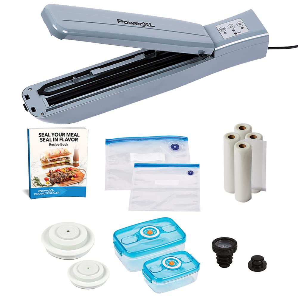 PowerXL Duo NutriSealer Food Vacuum Sealer Machine with 20 Bags & Rolls - Double Airtight Sealing System, Built-in Cutter for Easy Use, Compact Design for Snacks & Large Meals, LED Indicator Lights (Slate Deluxe) - Perfect for Meal Prep, Sous Vide, Food Storage & Freezing