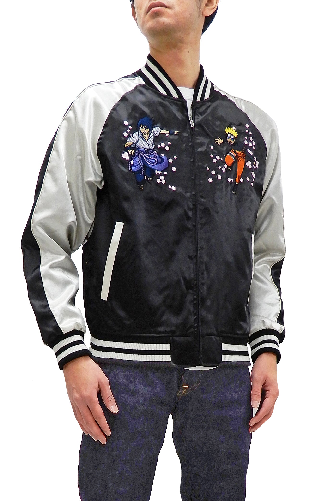 Naruto Shippuden Men's Japanese Souvenir Sukajan Jacket - Black/Off White | Anime Cosplay, Streetwear Fashion & Gift for Anime Fans