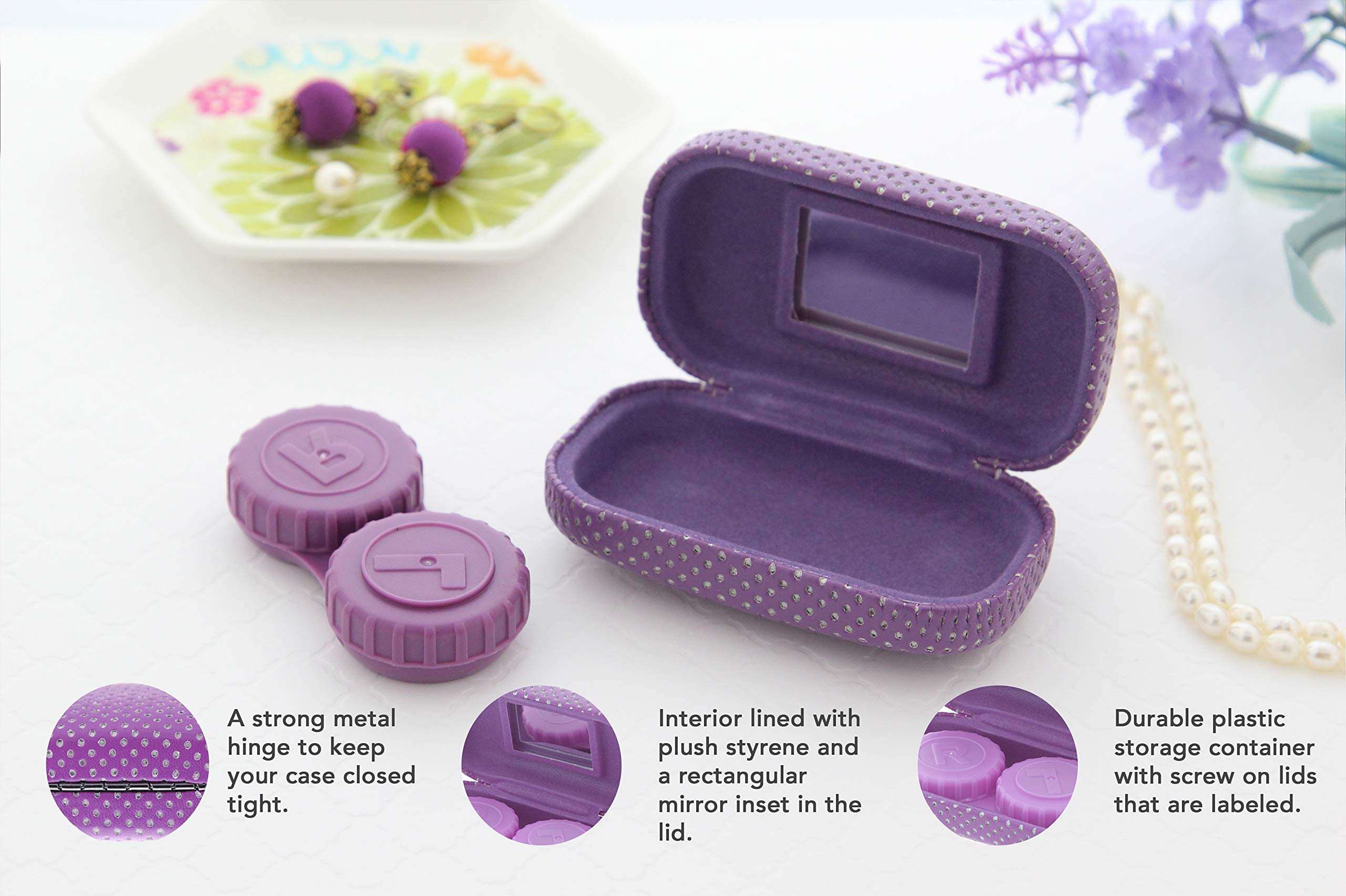 Ron's Optical Hard Mod Contact Lens Case - Purple & White Polka Dot with Mirror for Travel & Storage