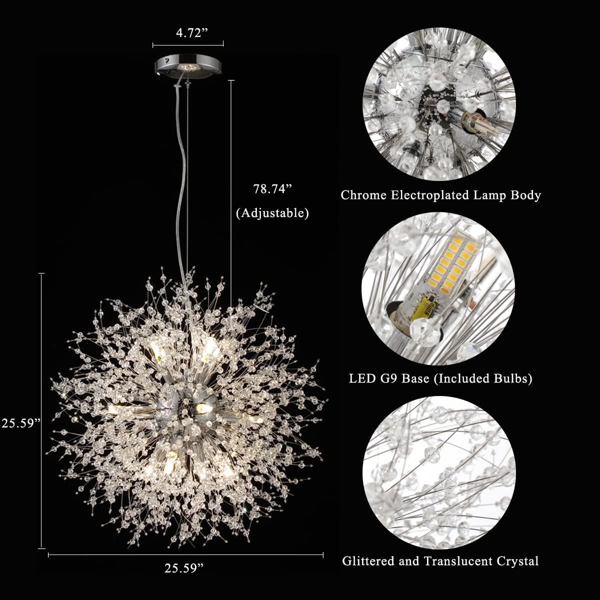 Modern Dandelion Chandelier - Chrome Firework Hanging Lamp with Sputnik Crystal Pendants - 16-Light Fixture for Kitchen Island, Dining Room & Living Room (25.59