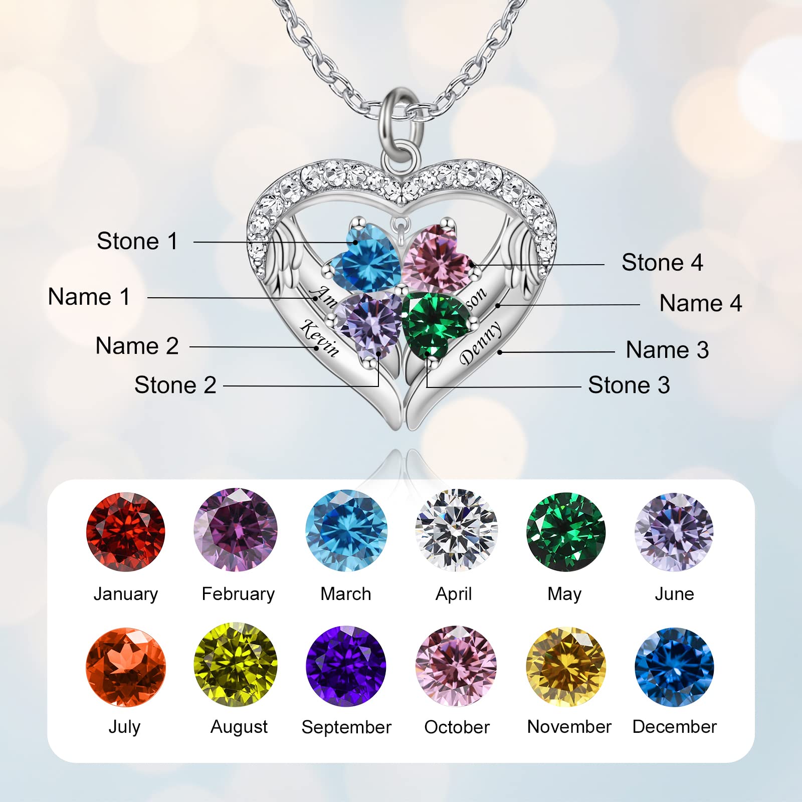 Custom Personalized Mothers Necklace with 1-6 Names & Simulated Birthstones - Heart Pendant Gift for Mom, Grandma, Wife - Perfect for Christmas, Birthday, Anniversary & Mother's Day Gifts