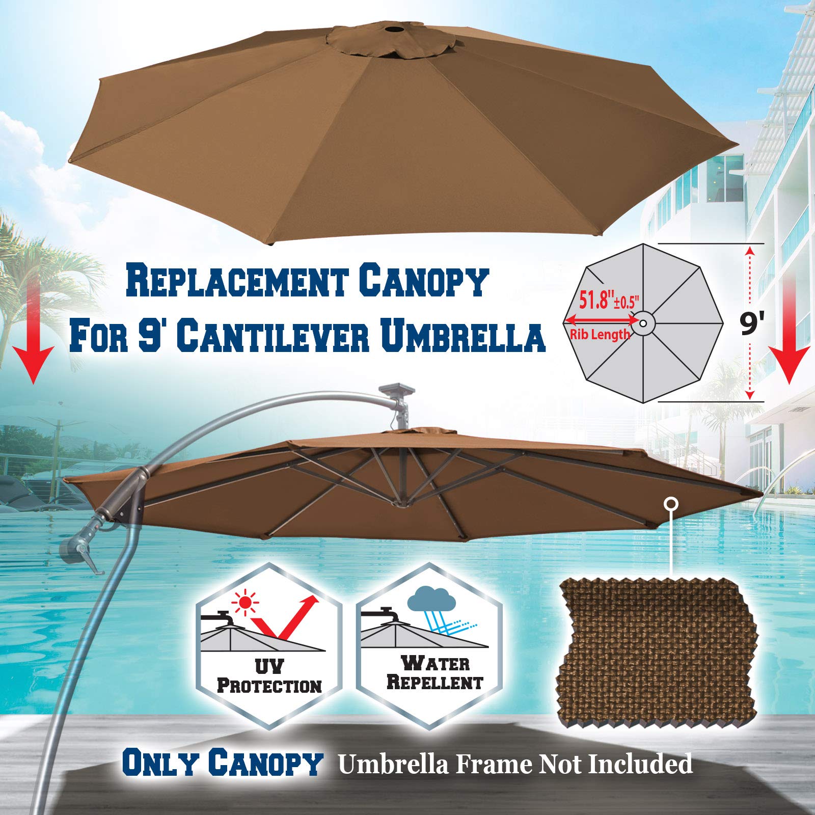 BenefitUSA 9ft 8-Rib Umbrella Canopy Replacement Cover - Durable Outdoor Patio Umbrella Top in Brown | Perfect for Backyard, Poolside & Garden Shade
