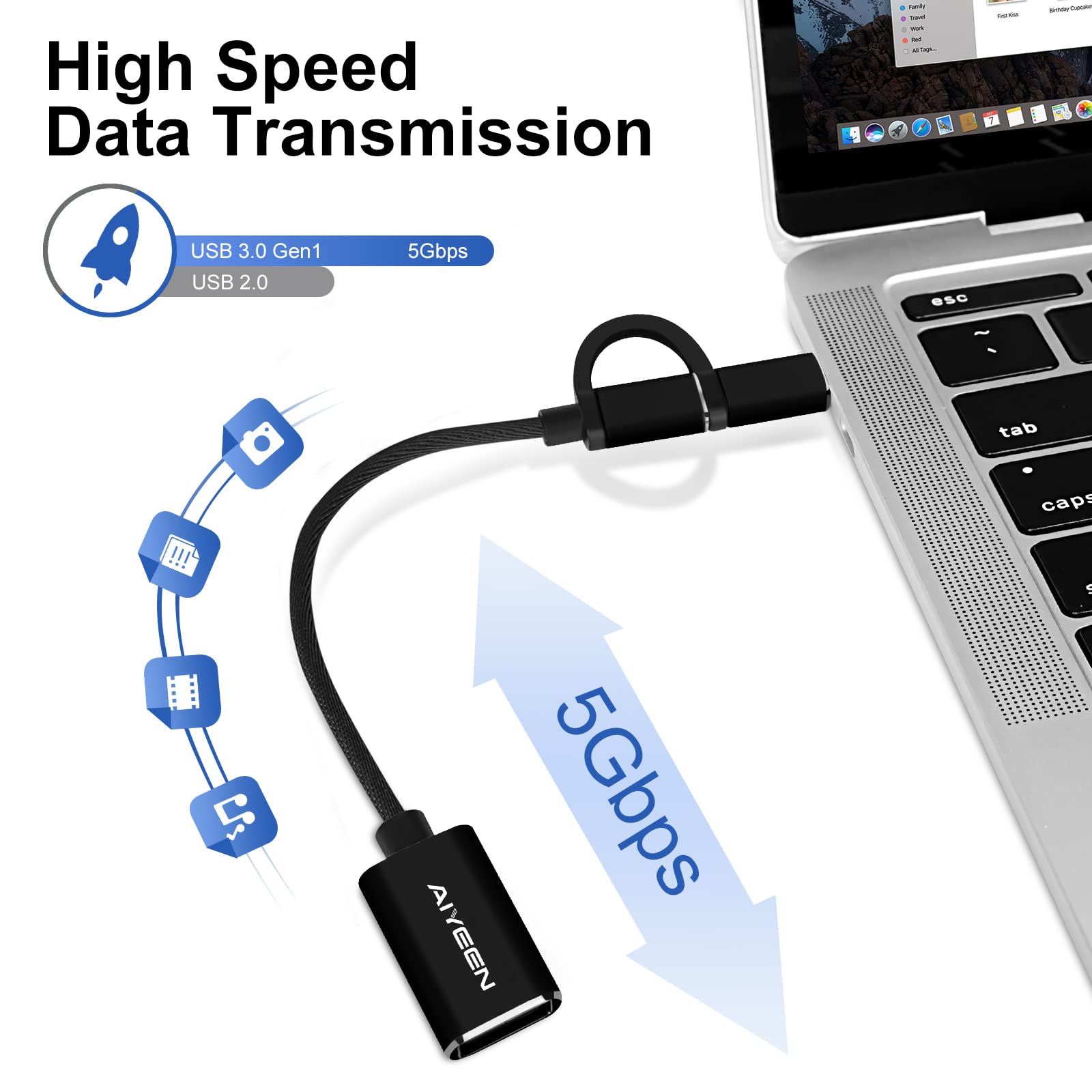 AIYEEN 2-in-1 USB C to USB Adapter & Micro USB OTG Cable - USB 3.0 Fast Data Transfer Compatible with MacBook Pro, Samsung Galaxy, Google Pixel, Android Phones - Perfect for Travel, Office & Charging Multiple Devices (Black)