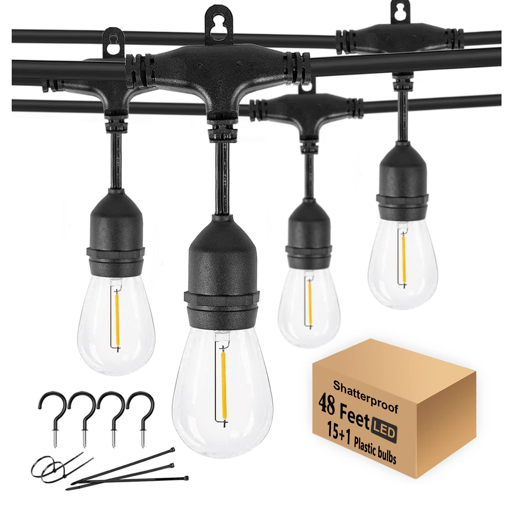 48FT Outdoor LED String Lights - Heavy Duty Waterproof Patio Lights with 16 Shatterproof Plastic Bulbs (2200K Warm White) - Perfect for Backyard, Gazebo, Pergola, Cafe, Bistro & Market Decor