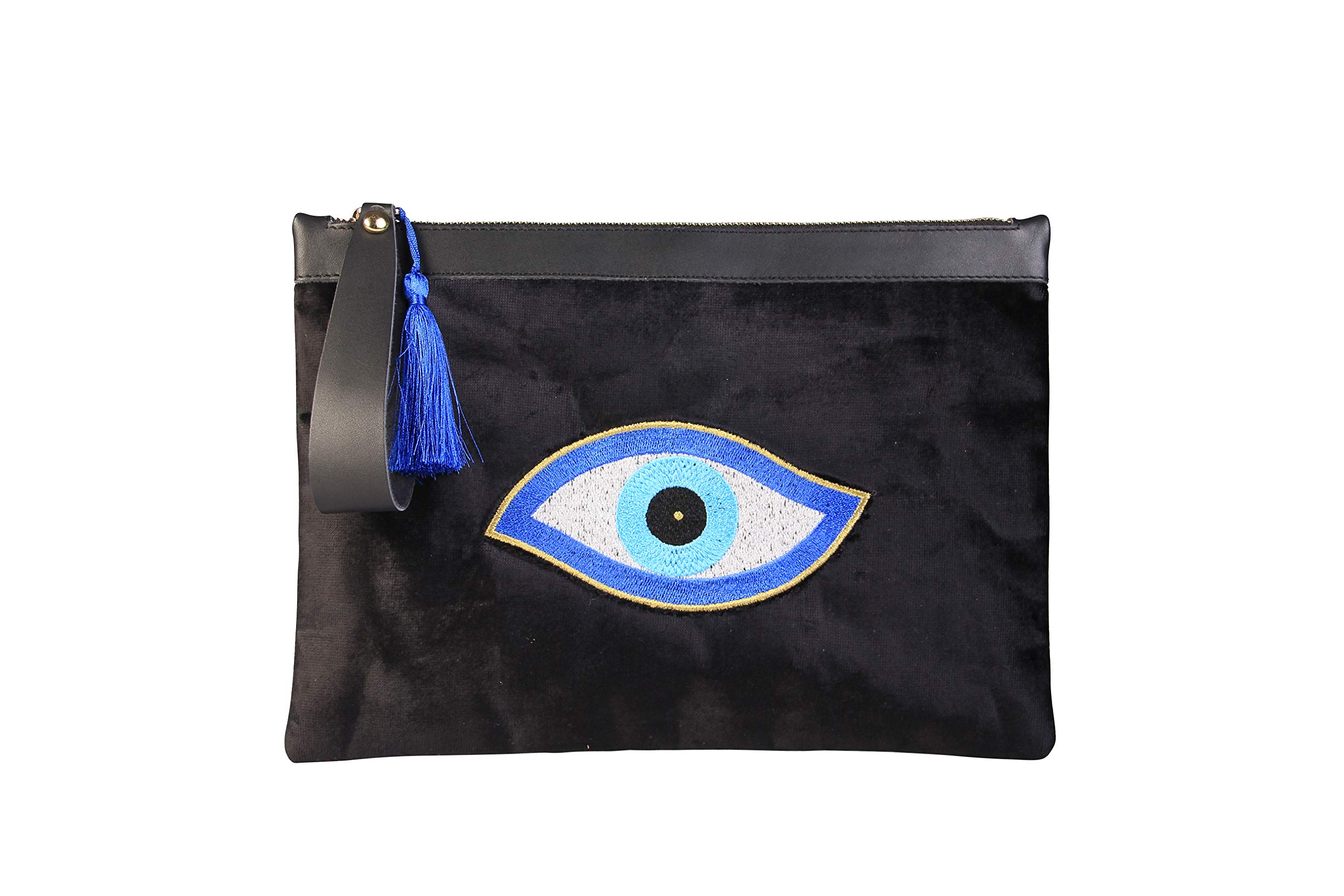 Evil Eye Embroidery Black Velvet Clutch Bag - Eyes of Ra Protection Charm - Medium Size Women's Evening Purse for Beach, Summer, Party & Wedding Occasions