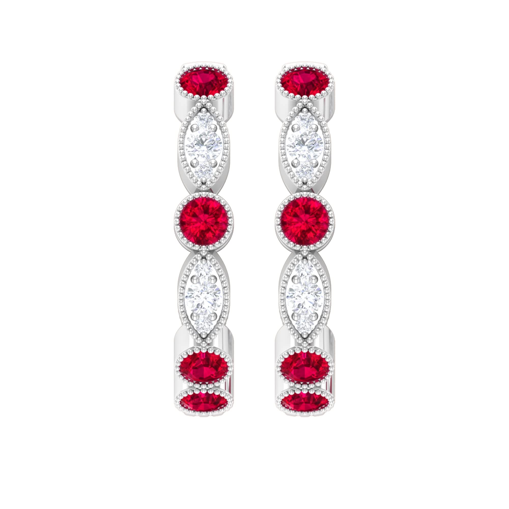 1 CT Lab-Created Ruby & Diamond Hoop Earrings for Women - 14K Solid Gold Vintage Milgrain Detailing - Elegant Gift for Anniversary, Wedding & Special Occasions