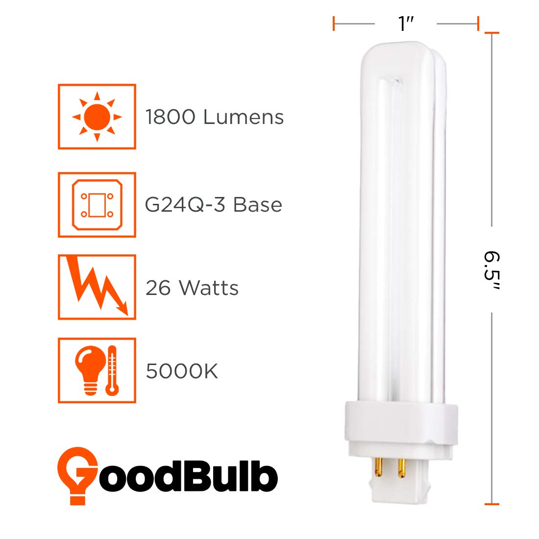 GoodBulb 26W CFL Light Bulbs - 4 Pin G24Q-3 Base 5000K Daylight - 1800 Lumens High Output - Double Tube Compact Fluorescent Plug-in Bulbs - Perfect for Car Dealerships, Retail Stores & Office Lighting - Energy Efficient 10-Pack