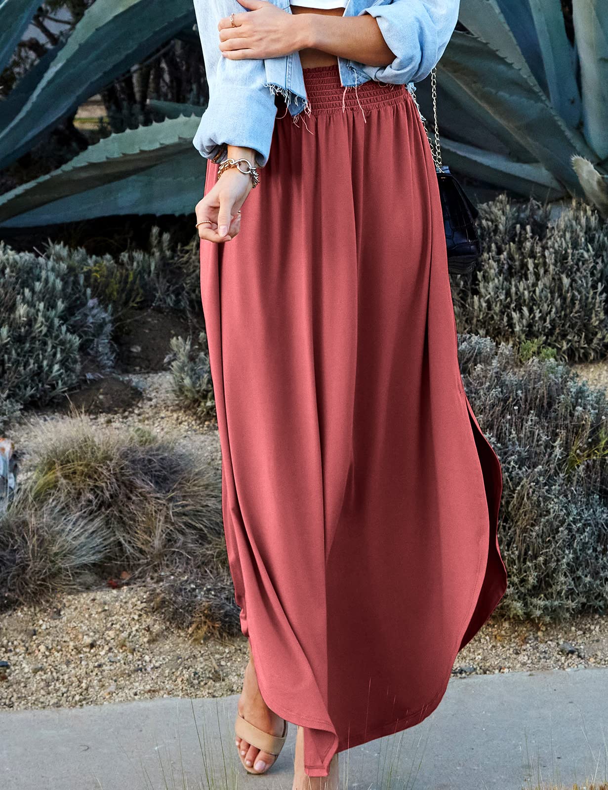 DOUBLJU Women's High Waisted Maxi Skirt - Elastic Waistband, Ankle Length Summer Long Skirt - Trendy Casual Plus Size Flowy Skirt for Beach, Vacation & Everyday Wear
