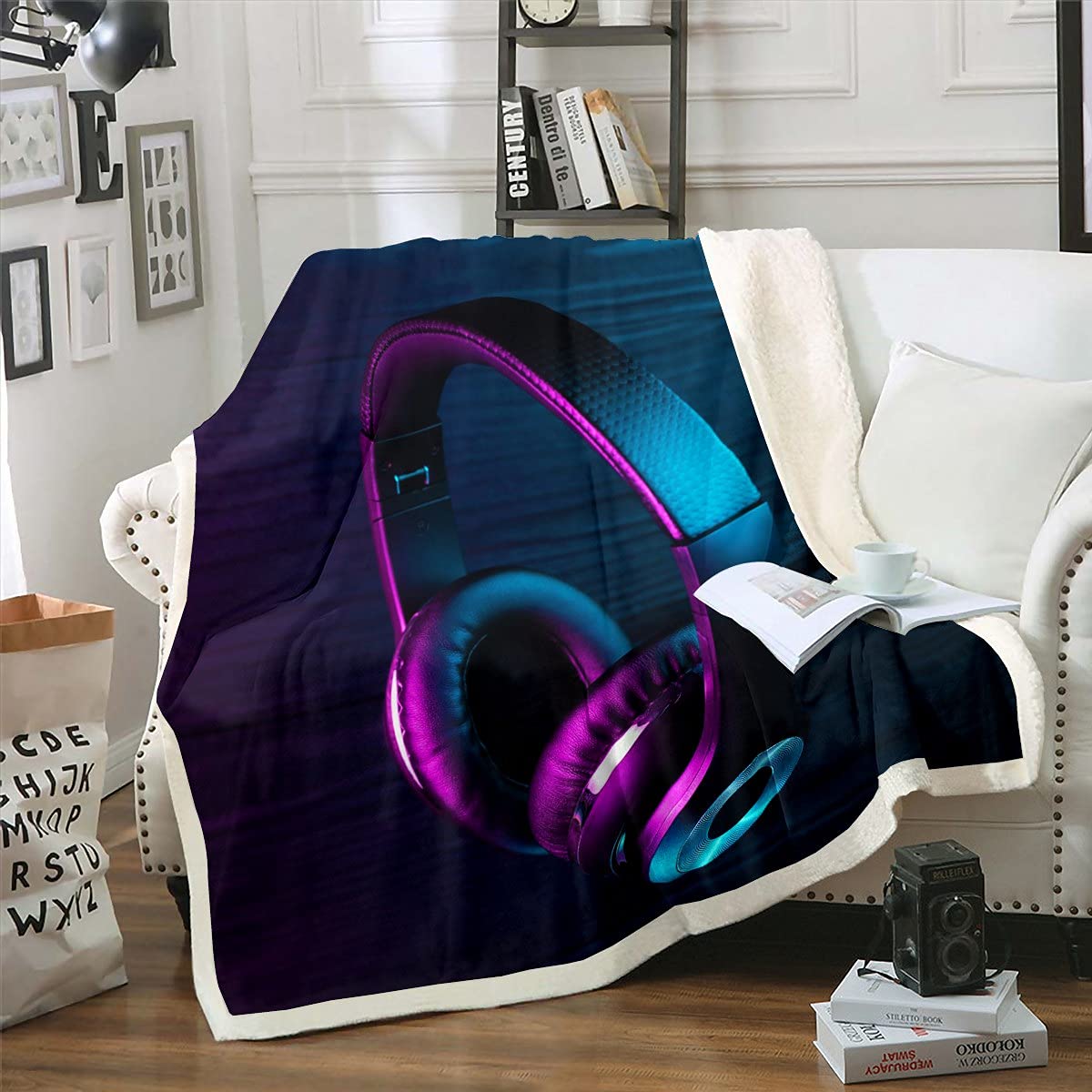 Black Headset Fleece Blanket Throw - 50 x 60 Inches Soft Fuzzy Blanket for Couch, Bed & Sofa - Purple Light Decor Gift for Kids, Teens & Girls - Perfect for Movie Nights, Gaming & Winter Warmth