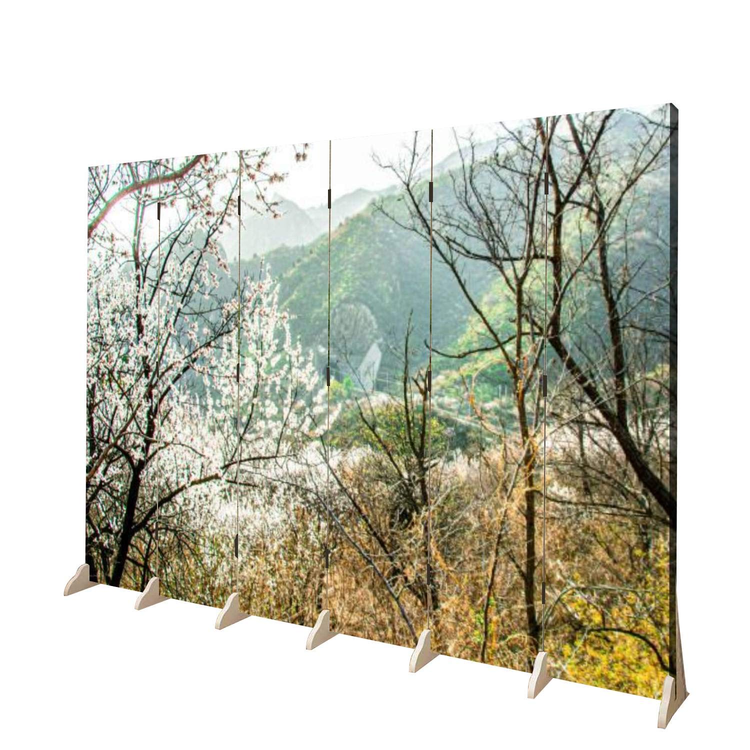 6-Panel Wooden Room Divider Folding Privacy Screen - Early Spring Beijing Suburbs Canvas Wall Partition for Home & Office - Indoor Display Shelves & Dual-Sided Room Separator | Perfect for Living Rooms, Bedrooms, and Studio Spaces