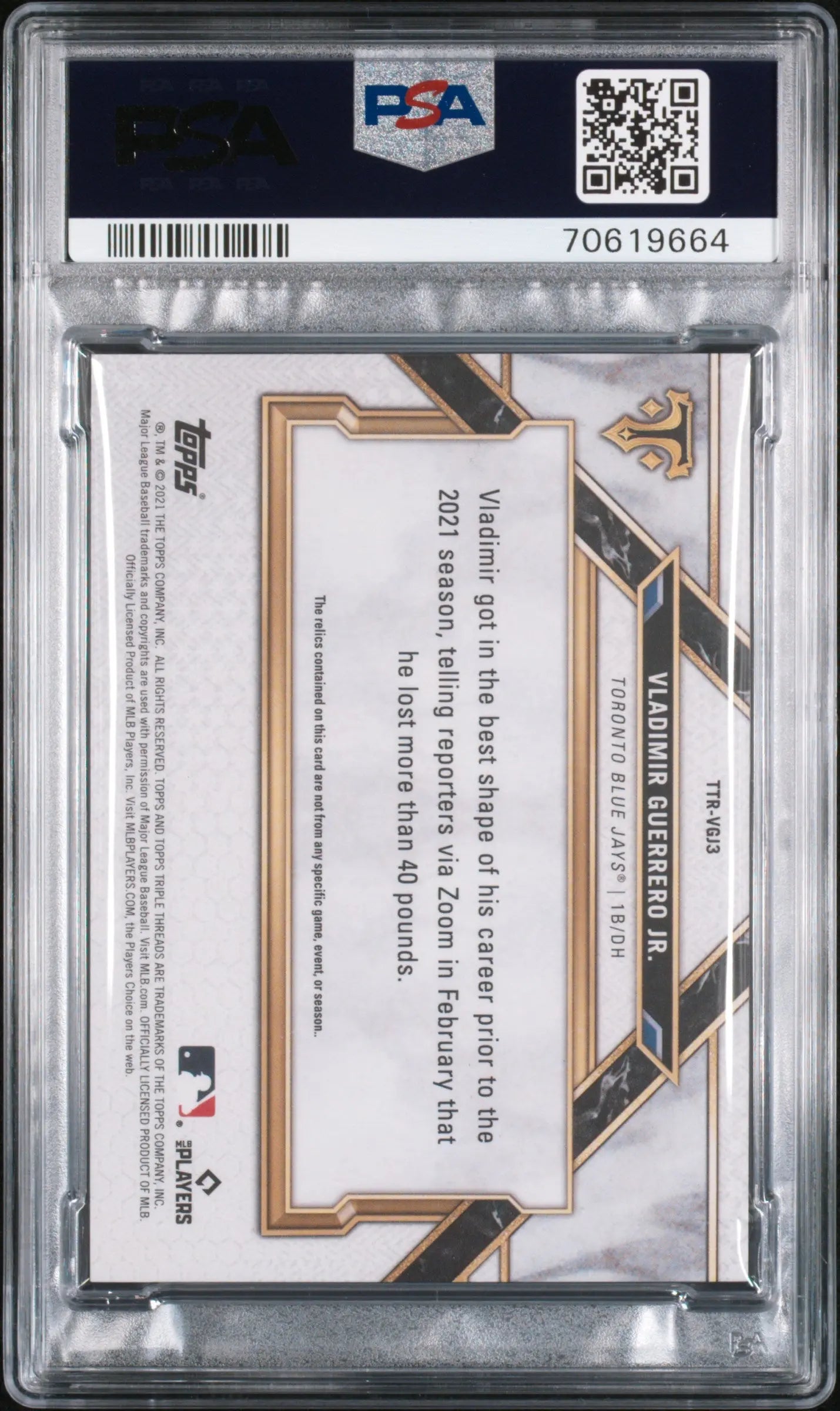 2021 Topps Triple Threads Relics Vladimir Guerrero Jr. Sapphire PSA 10 3/3 - Rare Baseball Card for Collectors & Sports Memorabilia Enthusiasts - Perfect for Display, Investment & Trading