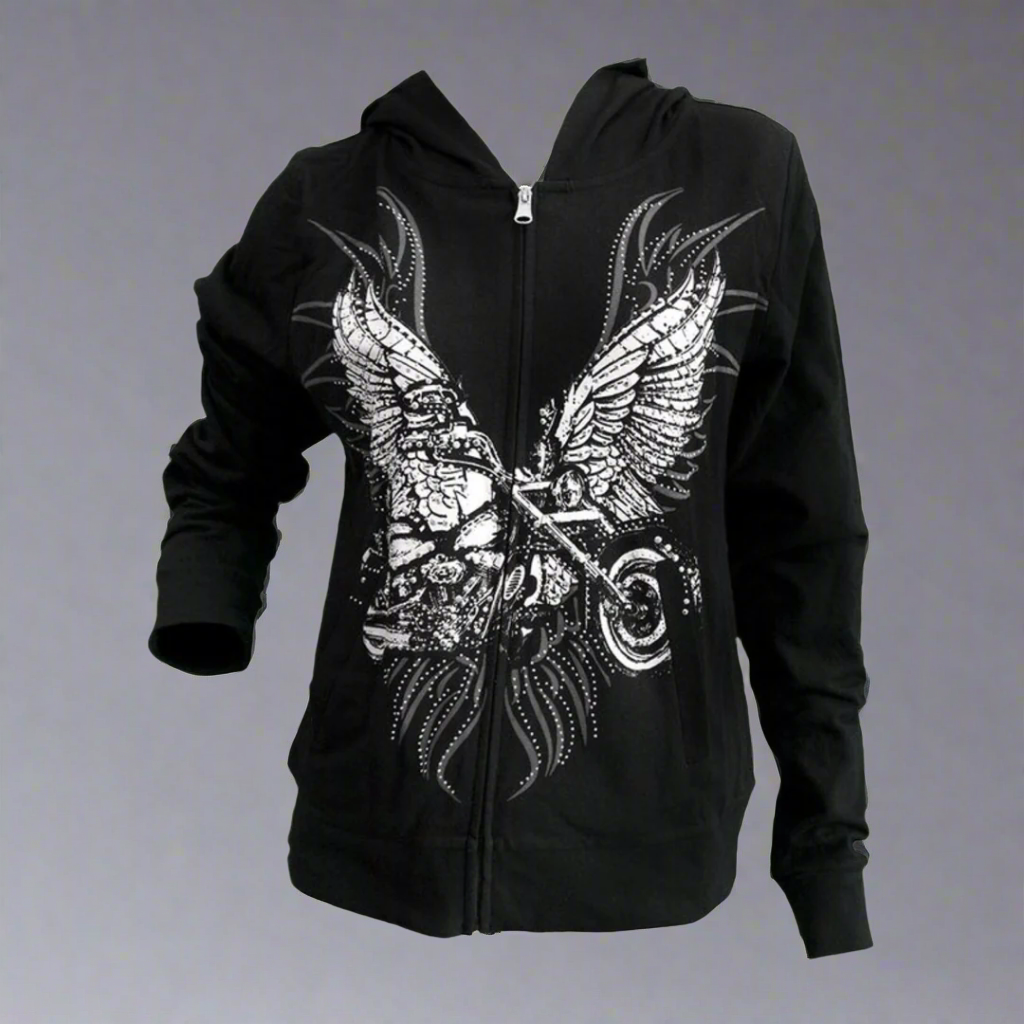 Stylish Women's Rhinestone Motorcycle Wing Hoodie - Edgy Biker Jacket for Casual Wear & Motorcycle Riding