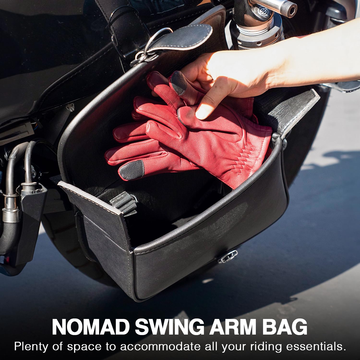 Universal Motorcycle Swing Arm Bag - Black Synthetic Leather Waterproof Left Side Solo Tool Bag with Quick Release | Durable & Weatherproof for Cruiser, Touring & Adventure Bikes | Ideal for Road Trips, Commuting & Off-Road Riding