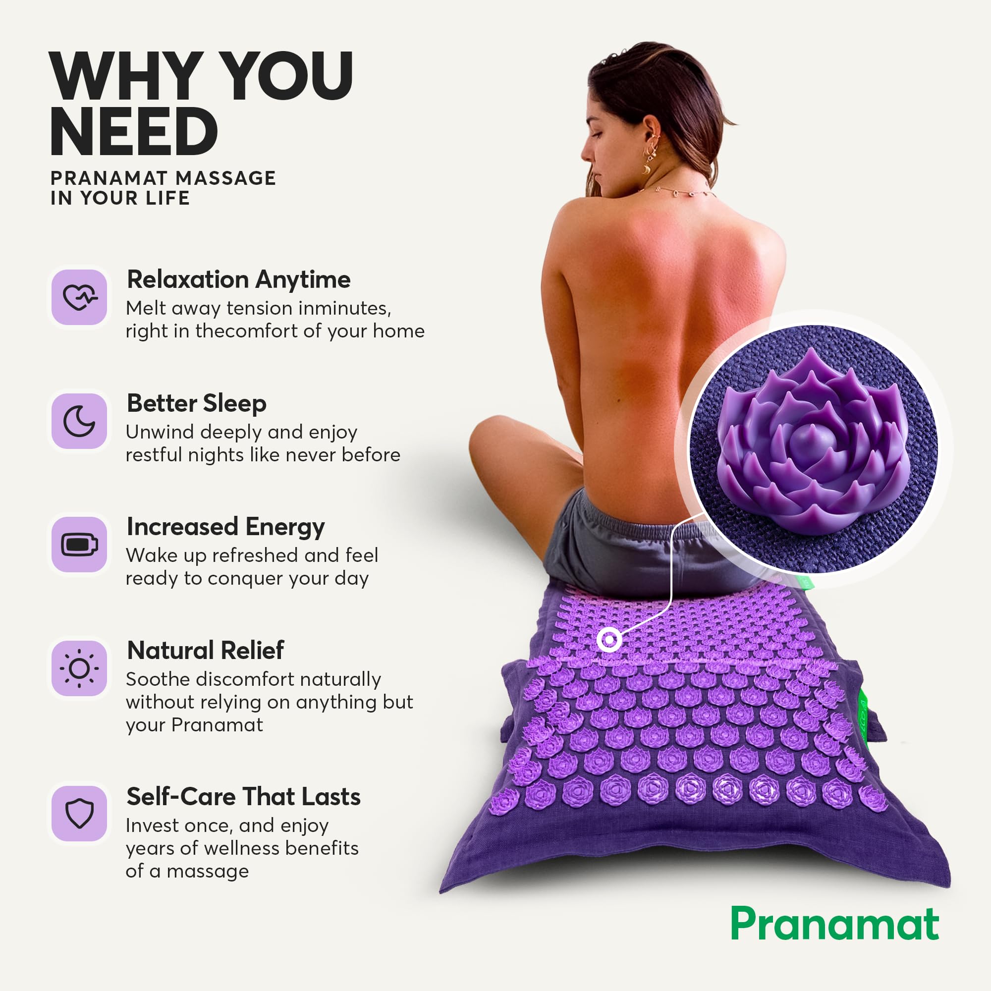Pranamat Large Acupressure Mat with Pillow Set for Back Pain Relief & Better Sleep | Natural Eco-Friendly Materials | Handmade in Europe | Perfect for Home Yoga, Meditation & Stress Relief
