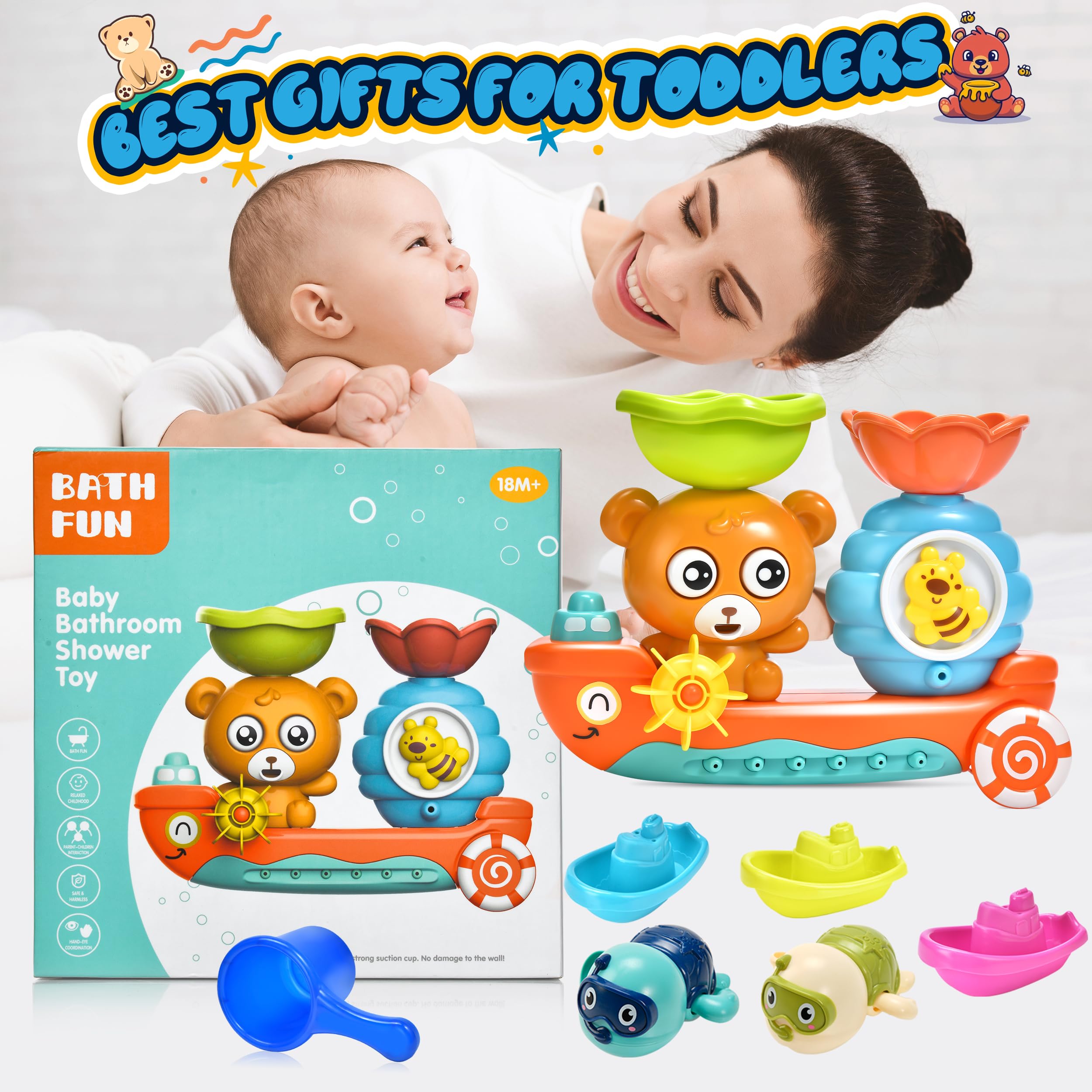 **Best Baby Bath Toys for Toddlers 1-3 Years - 2 Wind-Up Swimming Turtle Toys & 3 Floating Boat Bathtub Toys for Infants Boys & Girls 18+ Months - Fun & Safe Bath Time Play Set for Learning & Sensory Development**