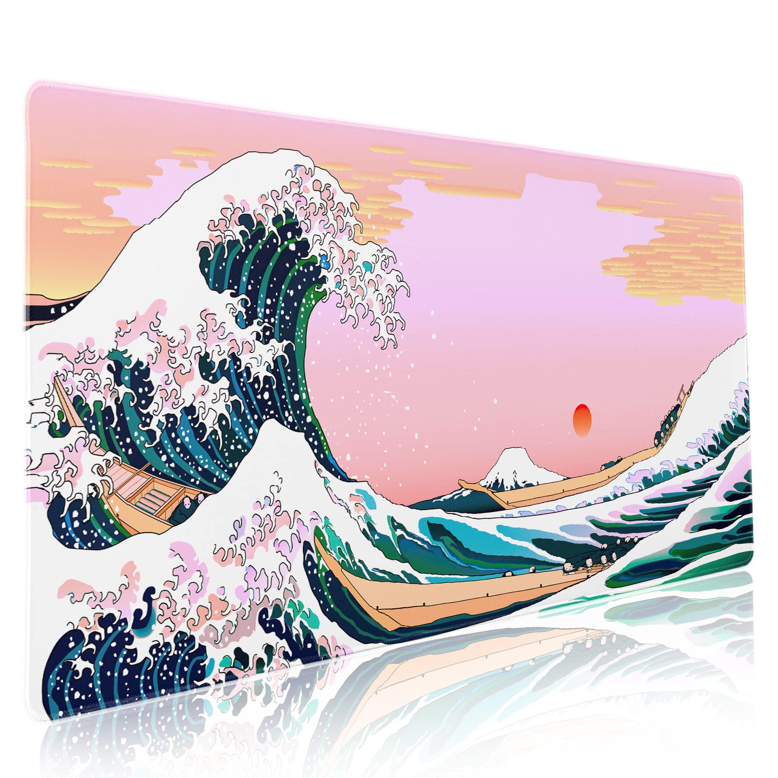 Kawaii Pink Japanese Wave Aesthetic Mouse Pad - Non-Slip Rubber Base XXL Extended Desk Mat (90x40cm/35.4x15.7in) for Gaming, Office & Computer Use - Perfect for Laptop, Keyboard & Desktop Workspace Decor