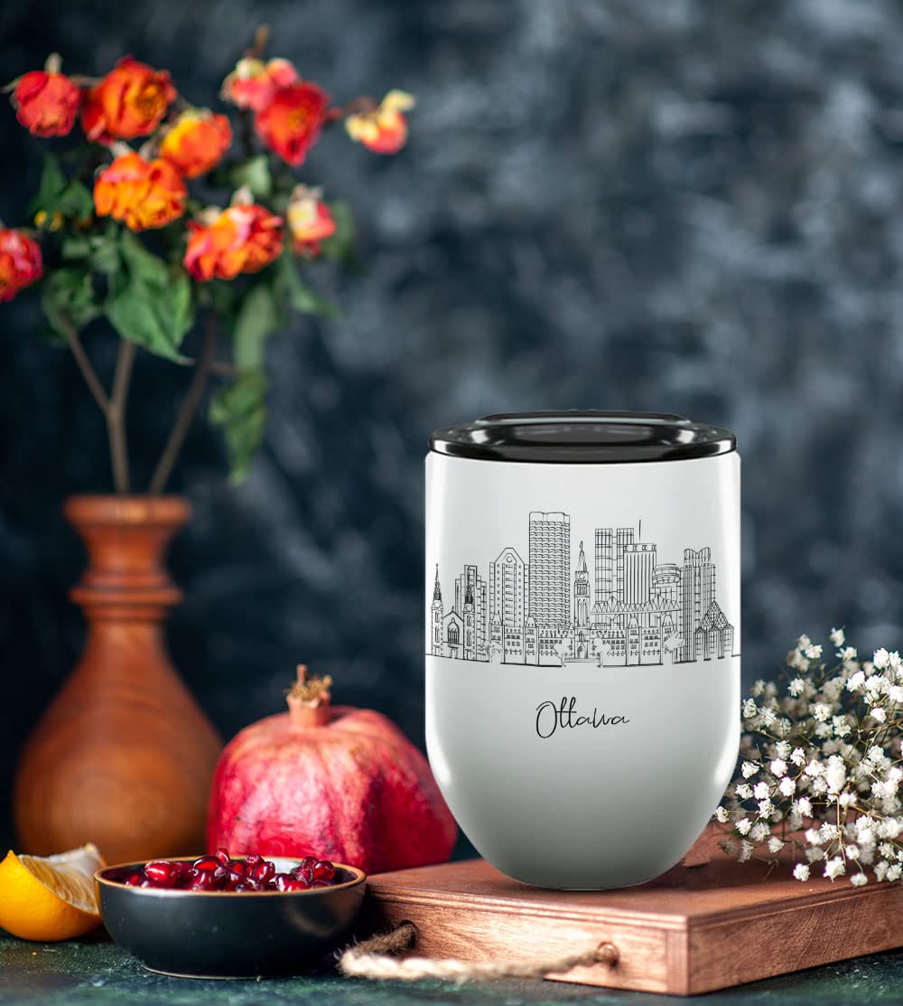 12 Oz Insulated Wine Tumbler with Lid - Ottawa Ontario Themed Gifts & Souvenirs - Perfect for College Graduation, Long Distance Gifts for Her & Homesick Students - Great for Coffee, Wine or Hot Drinks at Home, Office or Travel