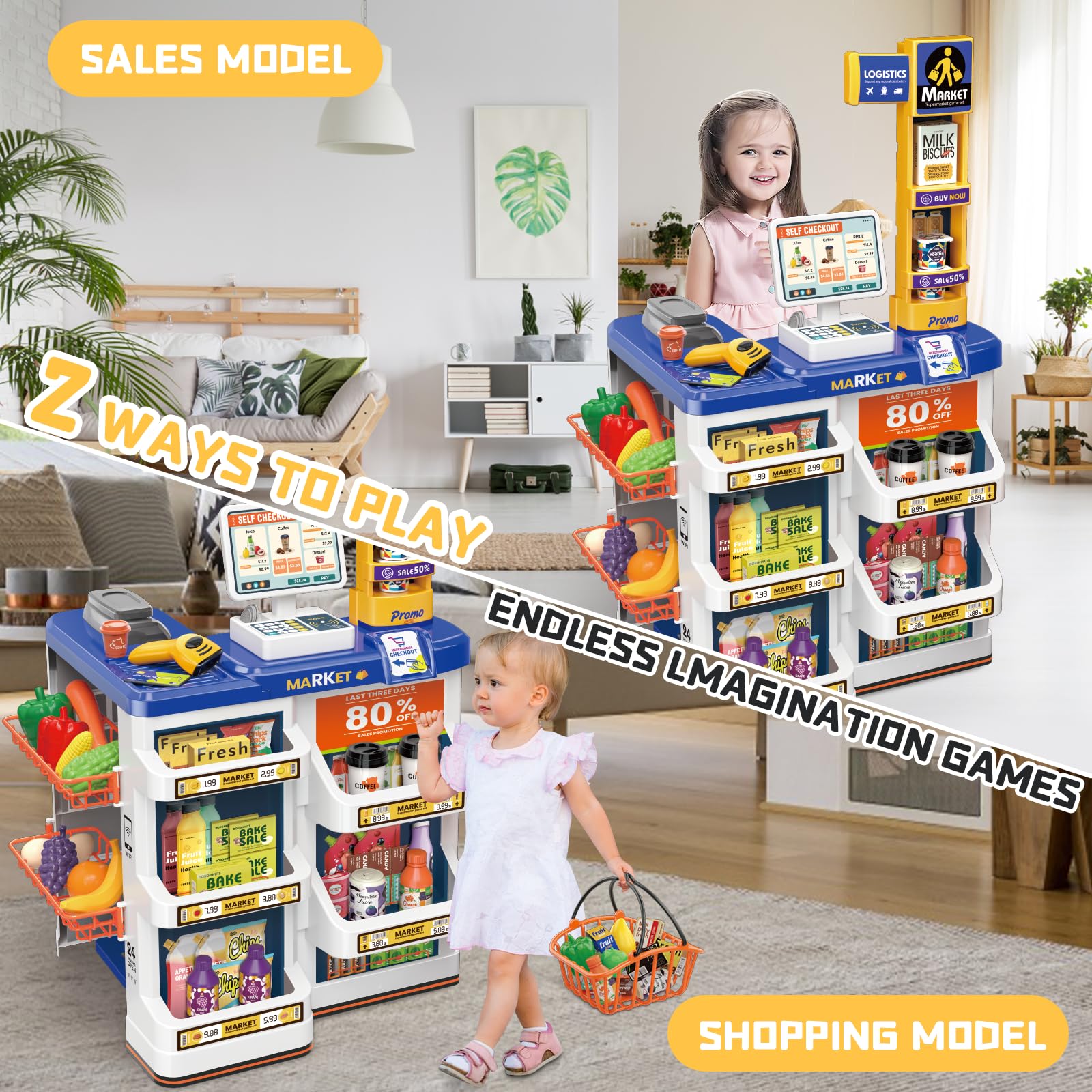 **deAO Pretend Play Grocery Store Toy Set for Kids - Supermarket Role Play with Shopping Basket & Cash Register - Christmas & Birthday Gift for Boys & Girls (Blue) - Perfect for Learning & Imaginative Play**