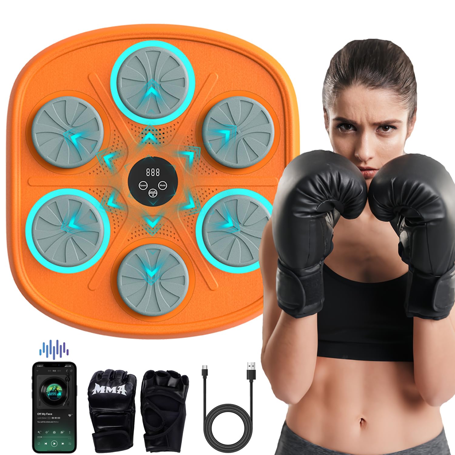 2024 Upgraded Smart Music Boxing Trainer with Gloves - Electronic Punching Bag with LED Display for Home Gym & Fitness Training - Perfect Boxing Machine for Adults (Orange) - Great for Cardio, Stress Relief & Full-Body Workout
