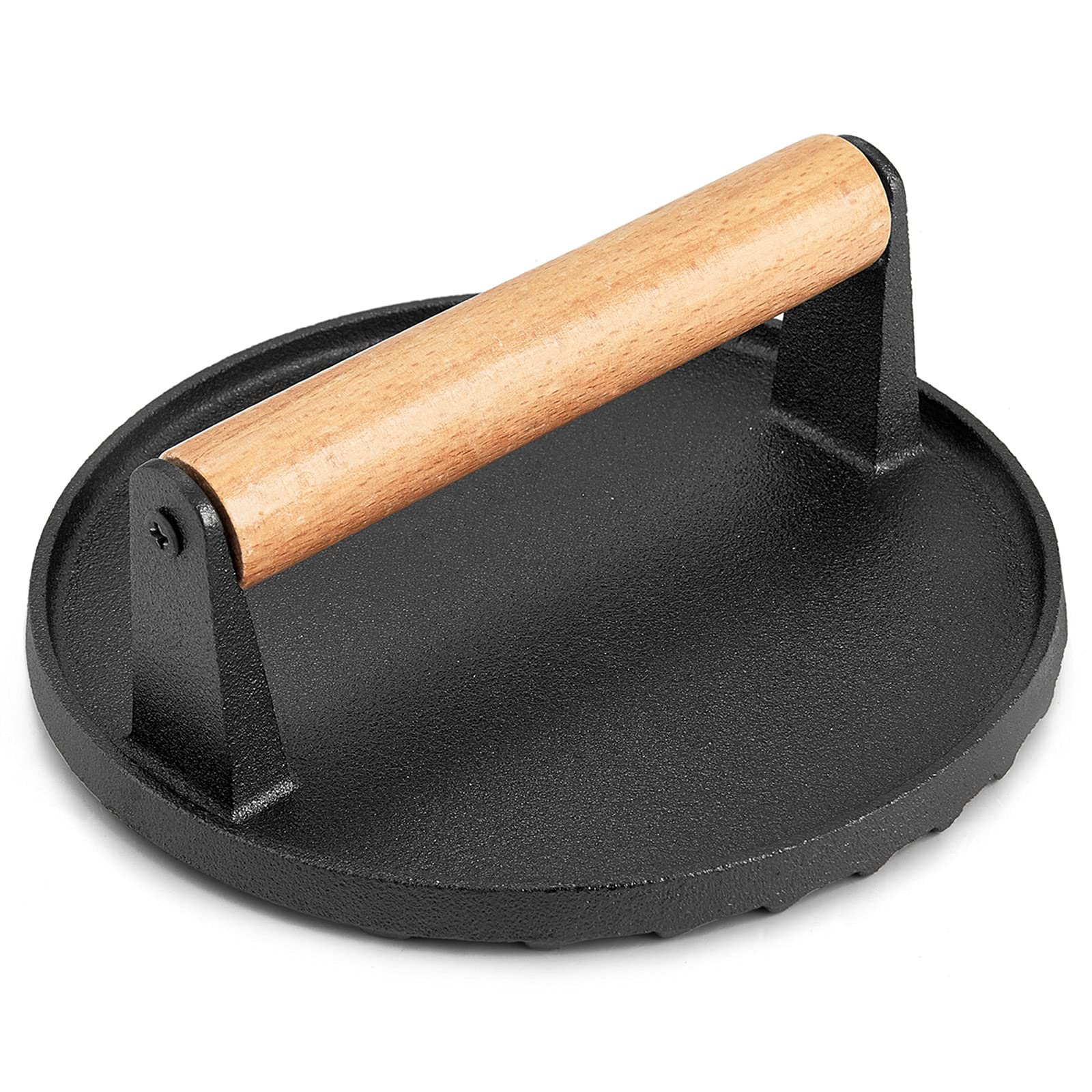HaSteeL Single Cast Iron Grill Press - Heavy Duty 7 Inch Bacon Burger Press with Wooden Handle | Pre-Seasoned Steak Weight for Flat Top Griddle, Teppanyaki, BBQ | Perfect for Indoor & Outdoor Cooking, Camping, Backyard Grilling & Restaurant Use