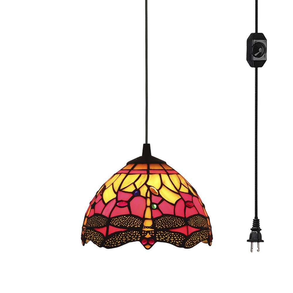 Handmade Tiffany Style Mediterranean Chandelier - Baroque Glass Shade, 20ft UL Certified Plug-in Cord with On/Off Dimmer Switch | Decorative Pendant Light for Dining Room, Foyer & Bedroom (Bulb Not Included)