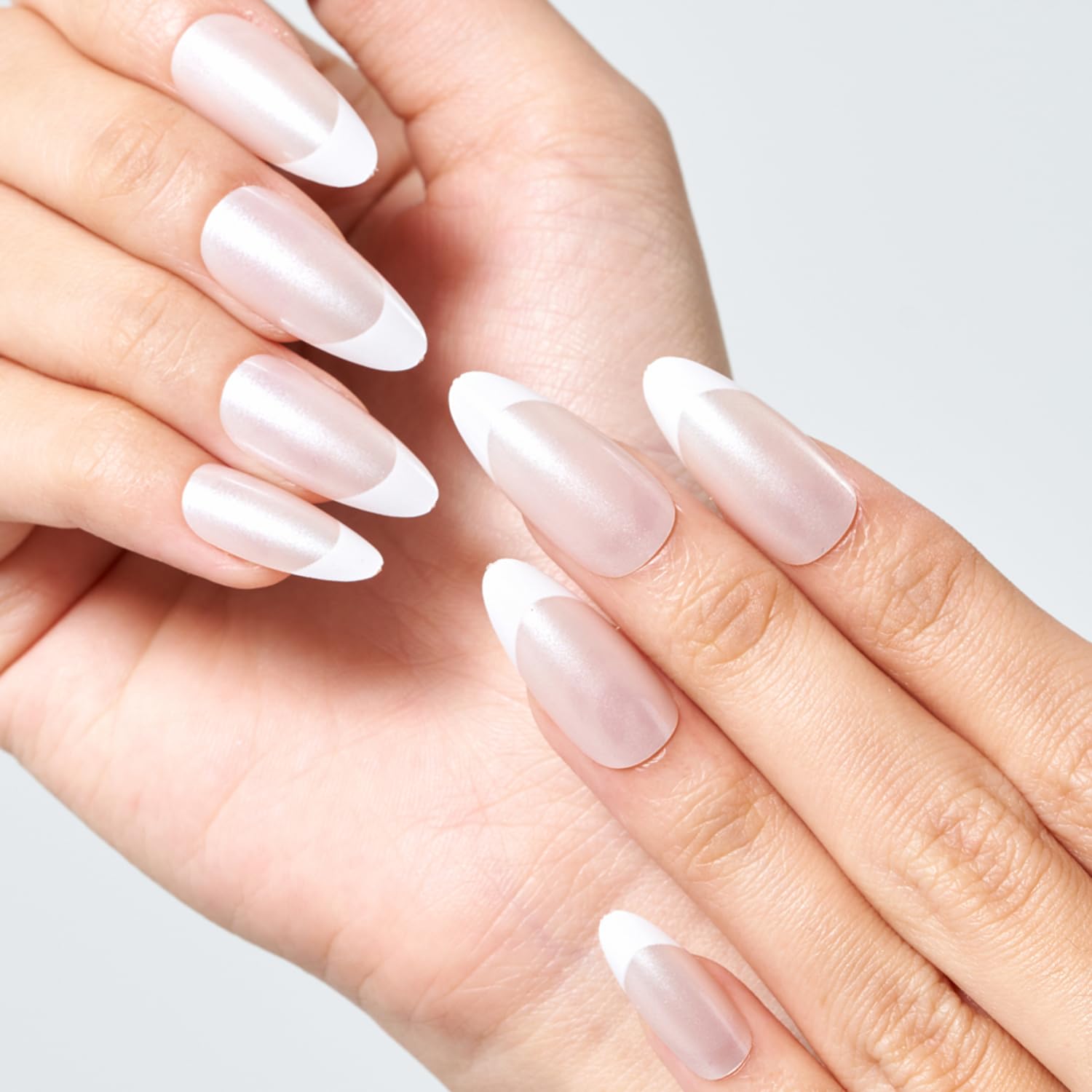 Glamermaid Nude Pink Press on Nails - Medium Almond Shape with Pearl French Tip Design, Reusable Acrylic Fake Nails for Women (Short Oval, Stiletto Style) - Perfect for Weddings, Parties, Date Nights & Everyday Glam
